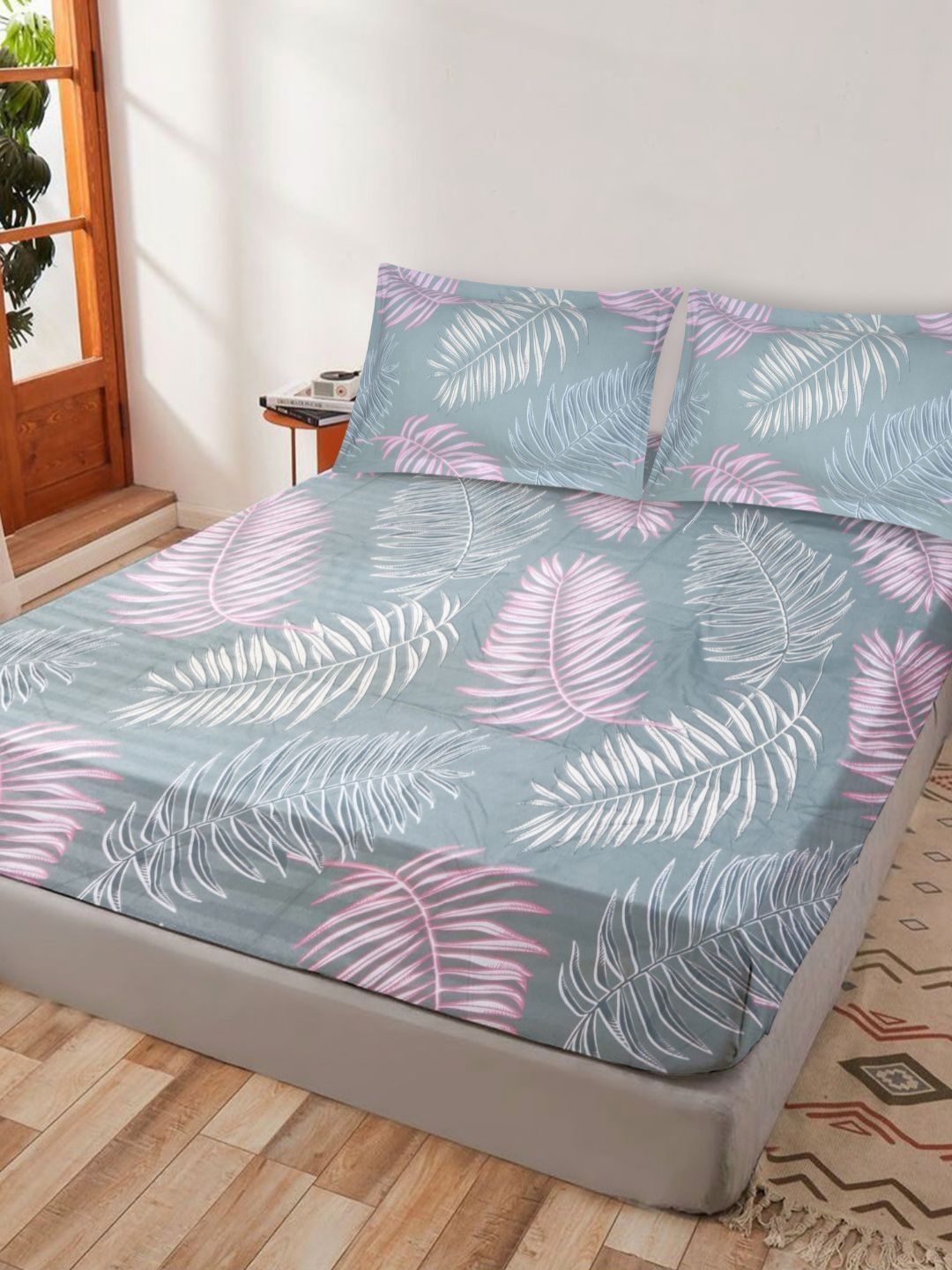 Crest Innovative Lives Grey & Pink Floral 300 TC King Bedsheet with 2 Pillow Covers-picture-26