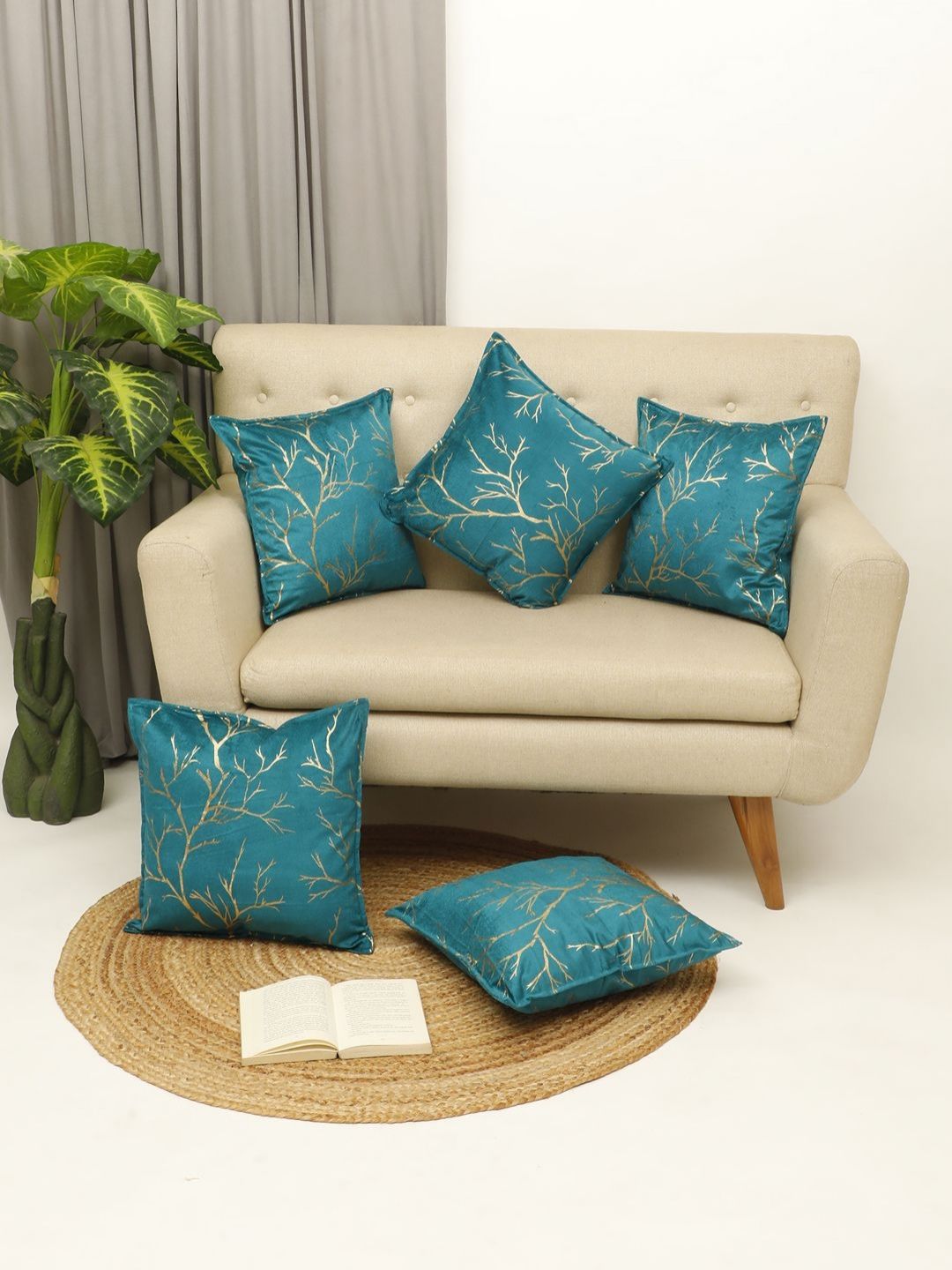 THE CONVERSION Turquoise Blue 5 Pieces Floral Textured Velvet Square Cushion Covers-picture-29