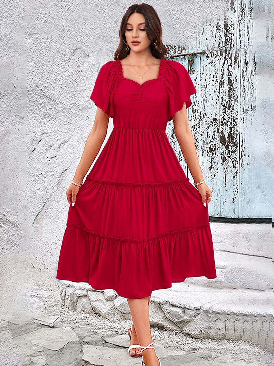 KALINI Sweetheart Neck Flared Sleeve Ruffled Fit & Flare Midi Dress