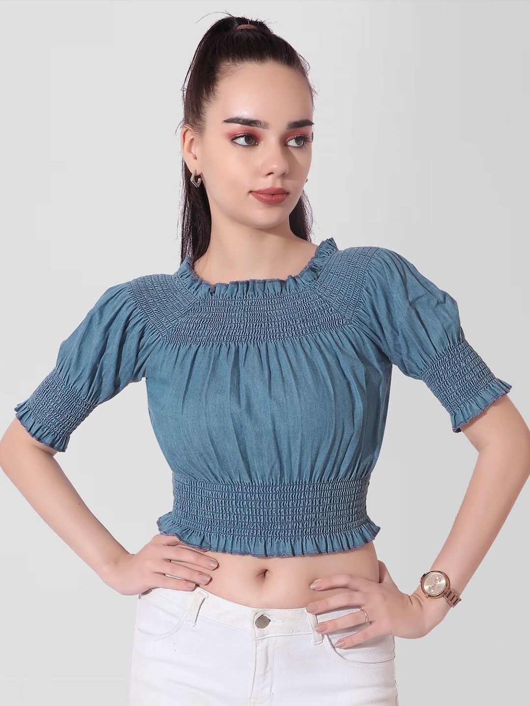 CEFALU Puff Sleeve Denim Crop Top-picture-22
