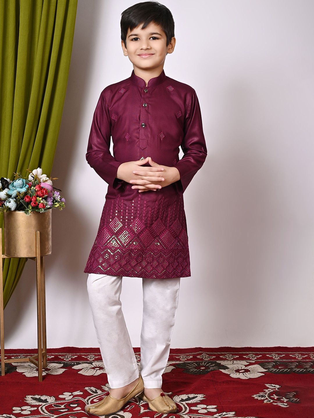 Cae Boys Geometric Embroidered Mandarin Collar Sequinned Straight Kurta With Pyjama-picture-27