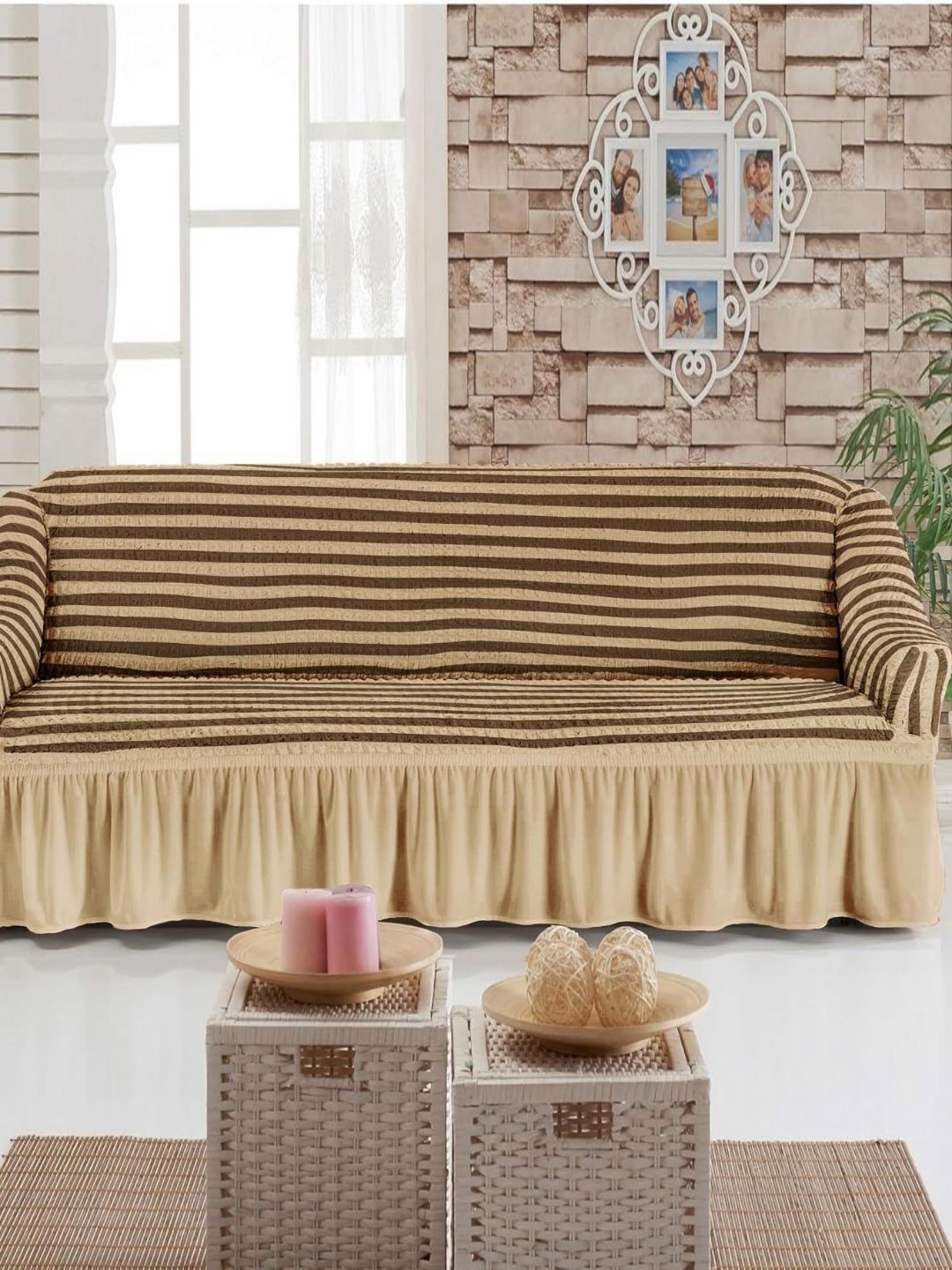 MULTITEX Cream & Brown Striped Polyester Sofa Cover-image-23