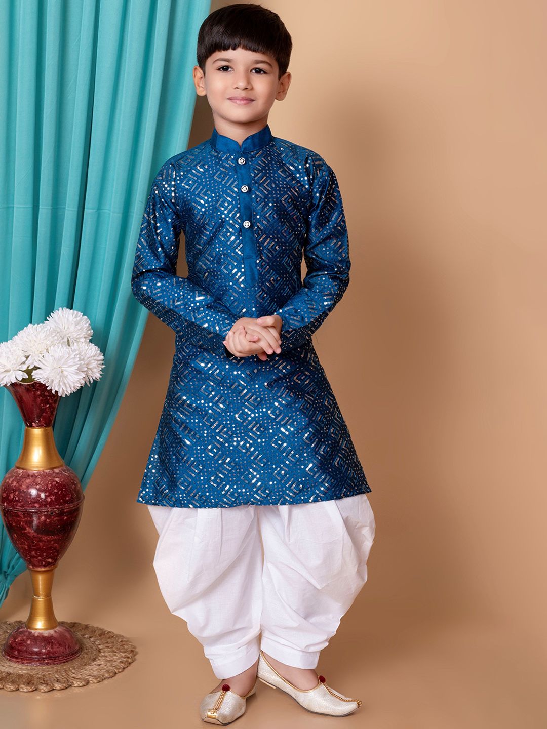 Cae Boys Embroidered Regular Sequinned Dupion Silk Kurta with Patiala-image-43