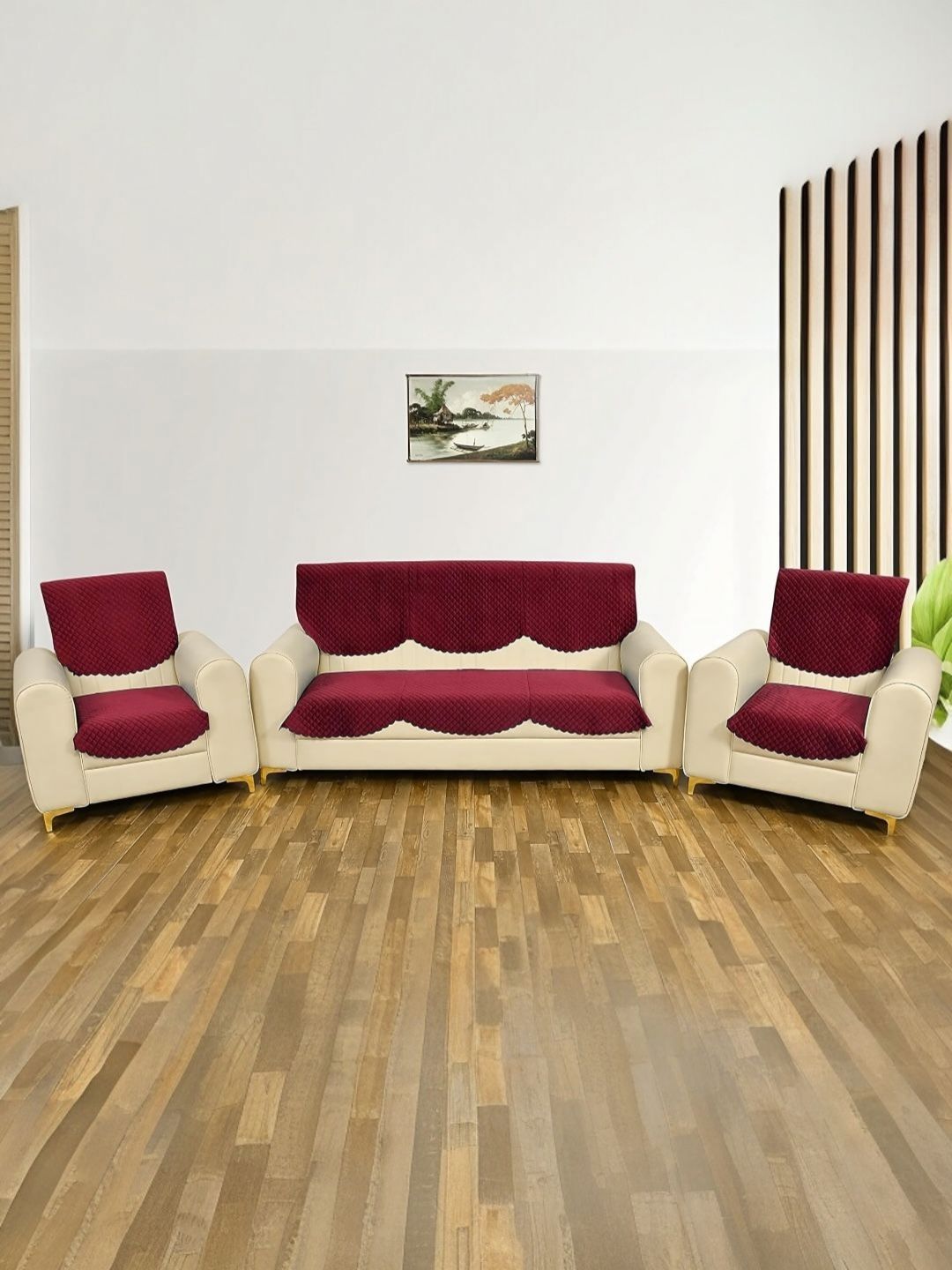BIGGER FISH Maroon Checked Velvet Sofa Cover-image-47
