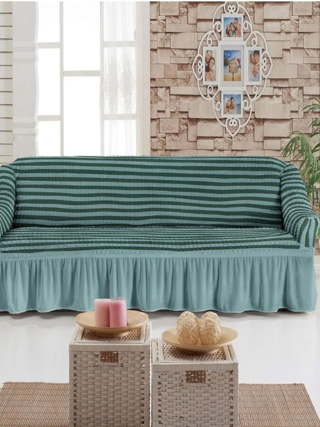 MULTITEX Turquoise Blue & Green Striped Polyester Sofa Cover-image-22