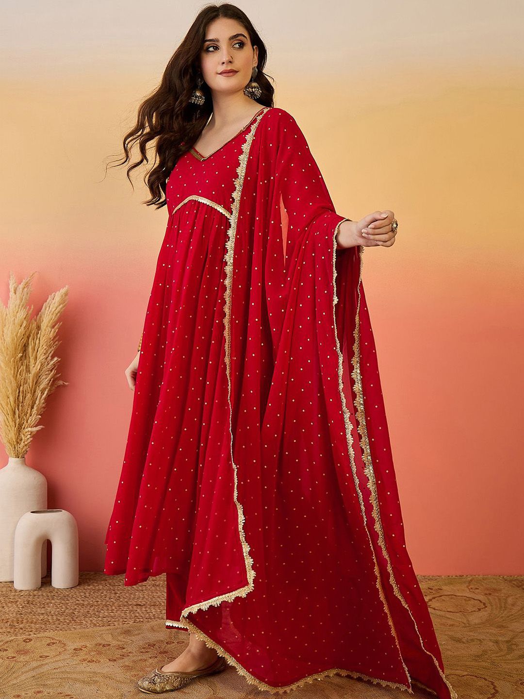 Sangria Geometric Sequinned V-Neck Georgette Empire A-Line Kurta With Trouser & Dupatta