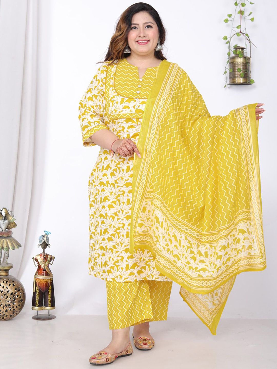 KALINI Plus Size Floral Printed Pure Cotton Empire Anarkali Kurta With Trousers & Dupatta-image-46
