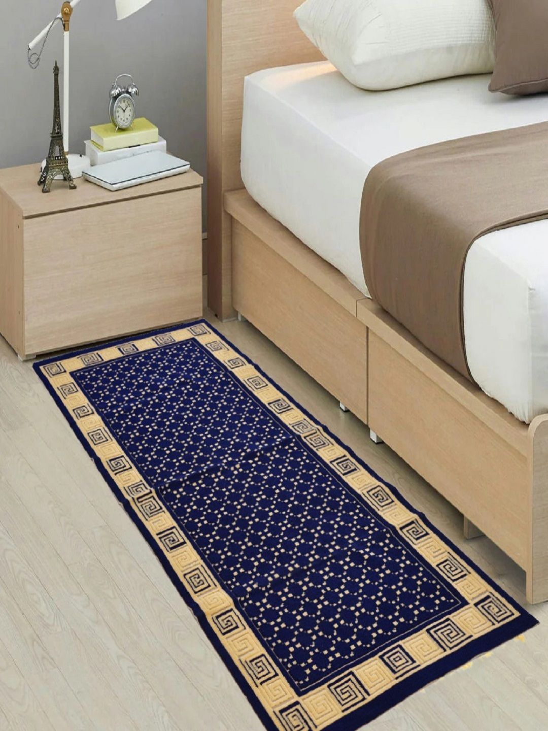 RRC Beige & Blue Printed Anti Skid Bed Runner