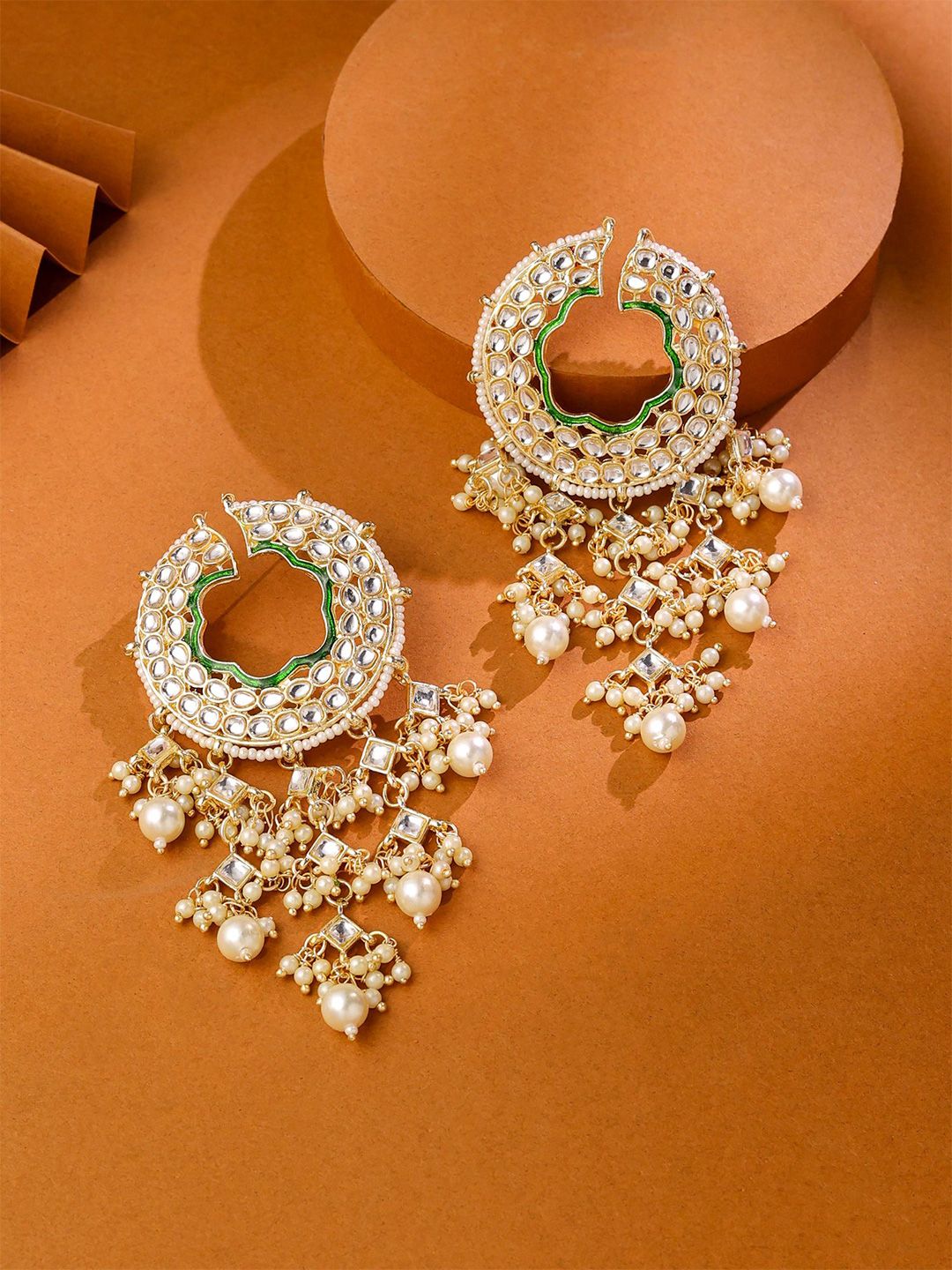 Yellow Chimes Gold-Plated Kundan Pearls Contemporary Jhumkas Earrings-picture-57