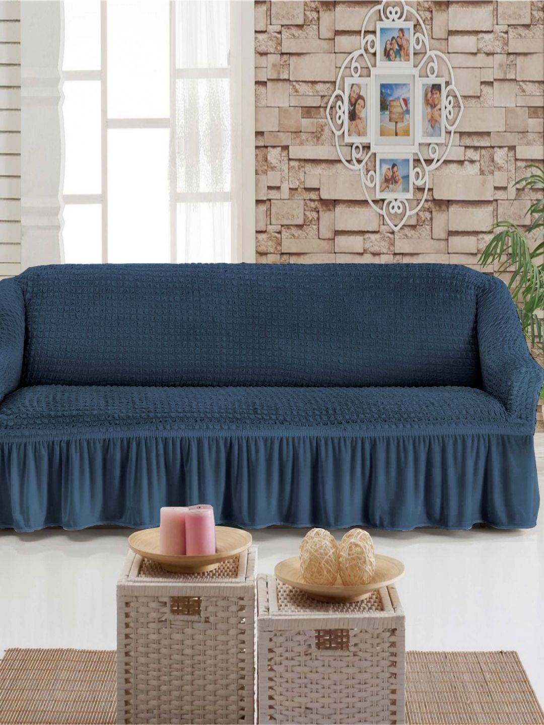 MULTITEX Navy Blue Polyester Sofa Cover-image-3