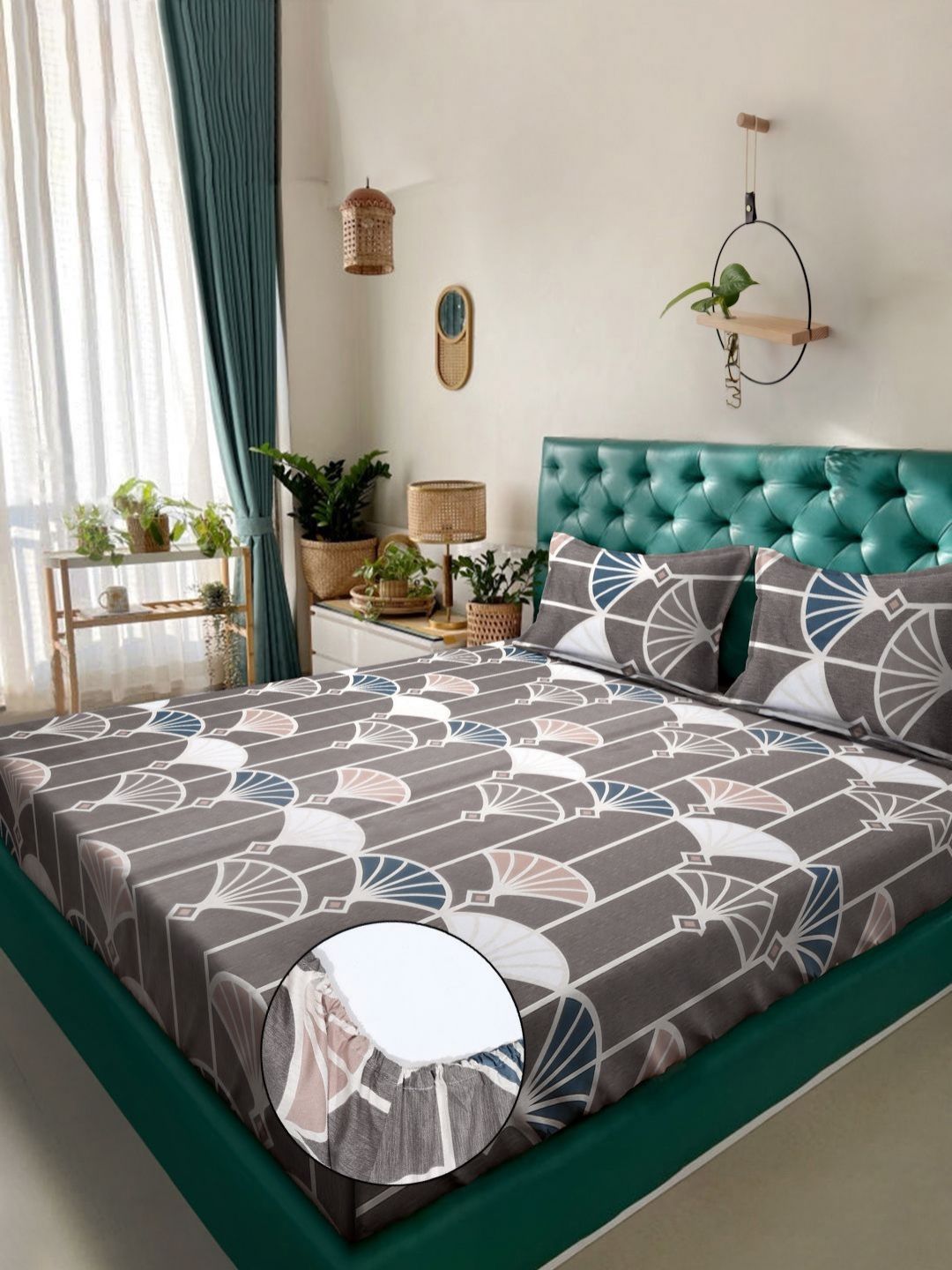 KLOTTHE Brown & White Floral Printed 300 TC Fitted King Bedsheet With 2 Pillow Cover-picture-28
