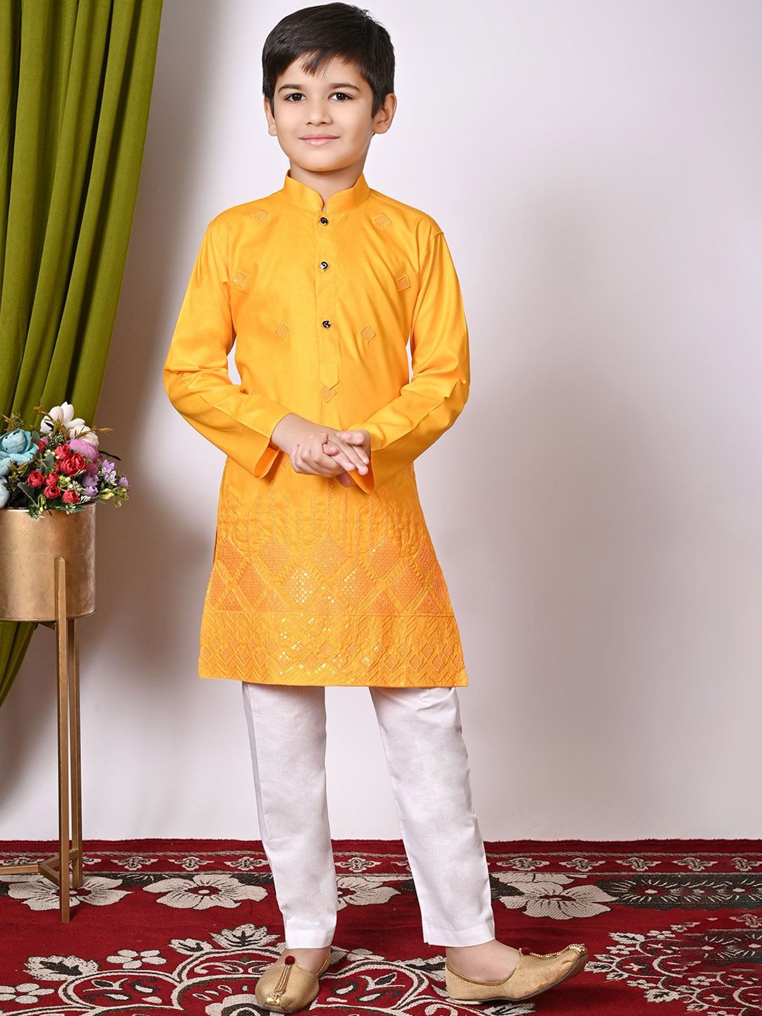 Cae Boys Geometric Embroidered Mandarin Collar Sequinned Kurta With Pyjamas-image-30