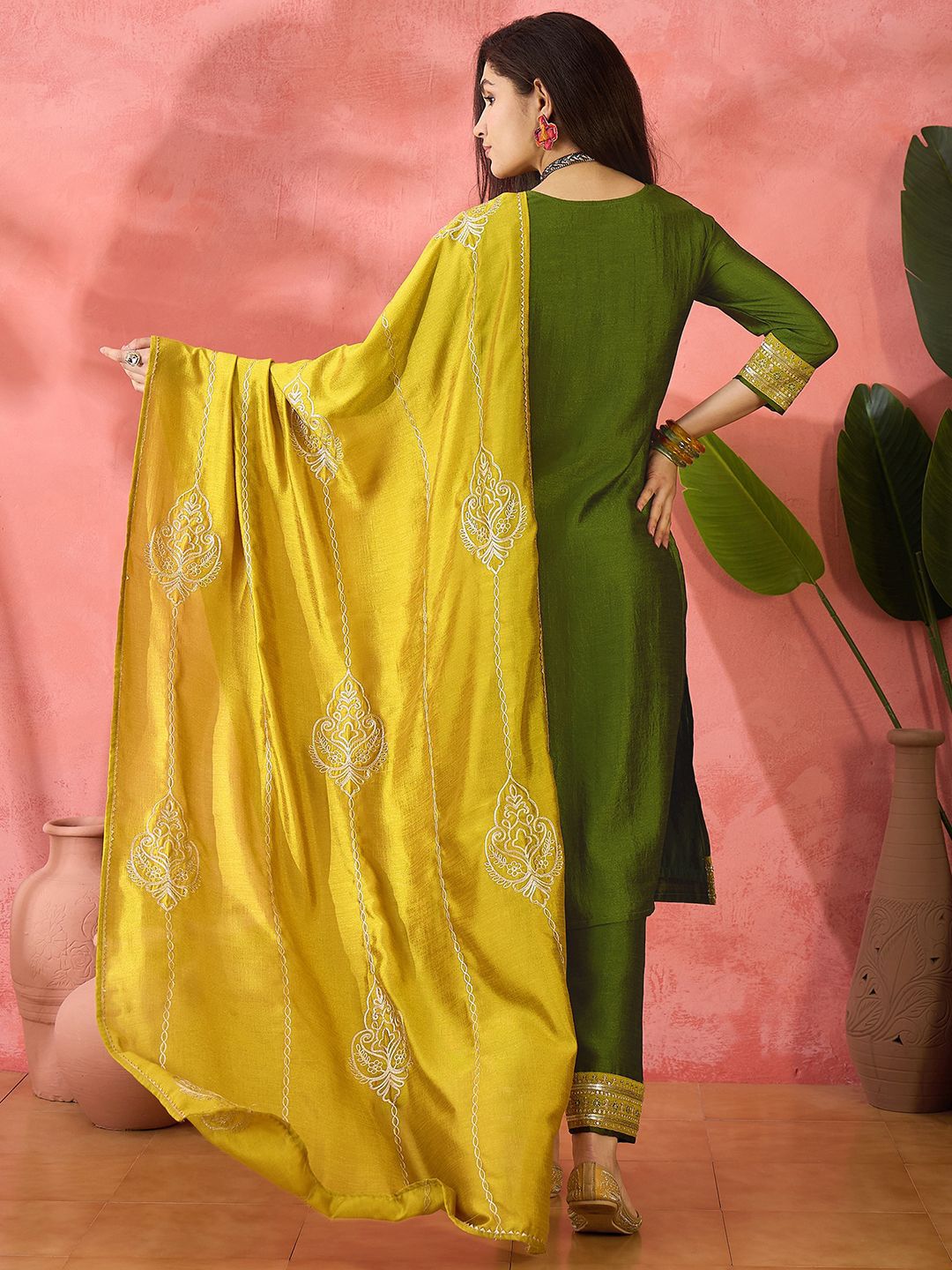Black Color Floral Embroidered Sweetheart Neck Sequinned Kurta With Trouser & Dupatta