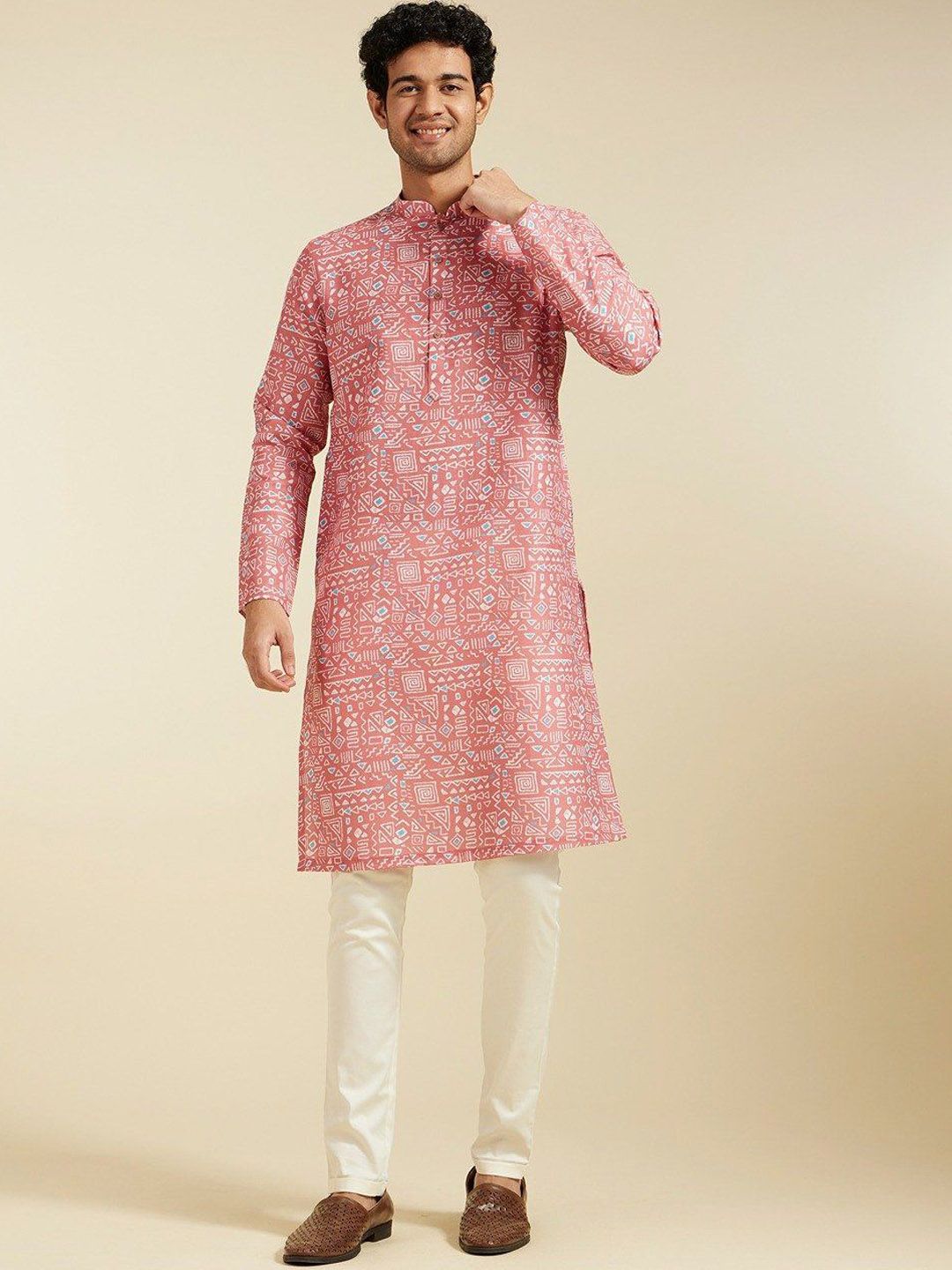 Diwas by Manyavar Geometic Printed Mandarin Collar Straight Kurta With Pyjamas-picture-15