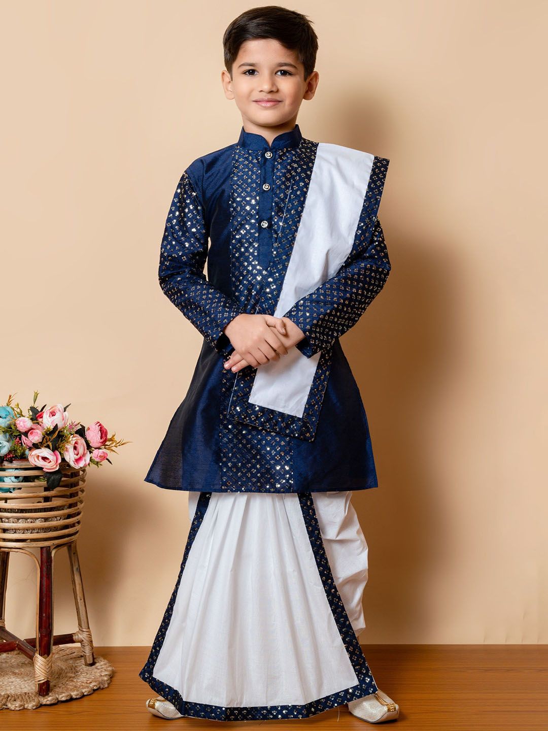 Cae Boys Floral Embroidered Sequinned Straight Kurta with Dhoti Pants & With Dupatta-image-42