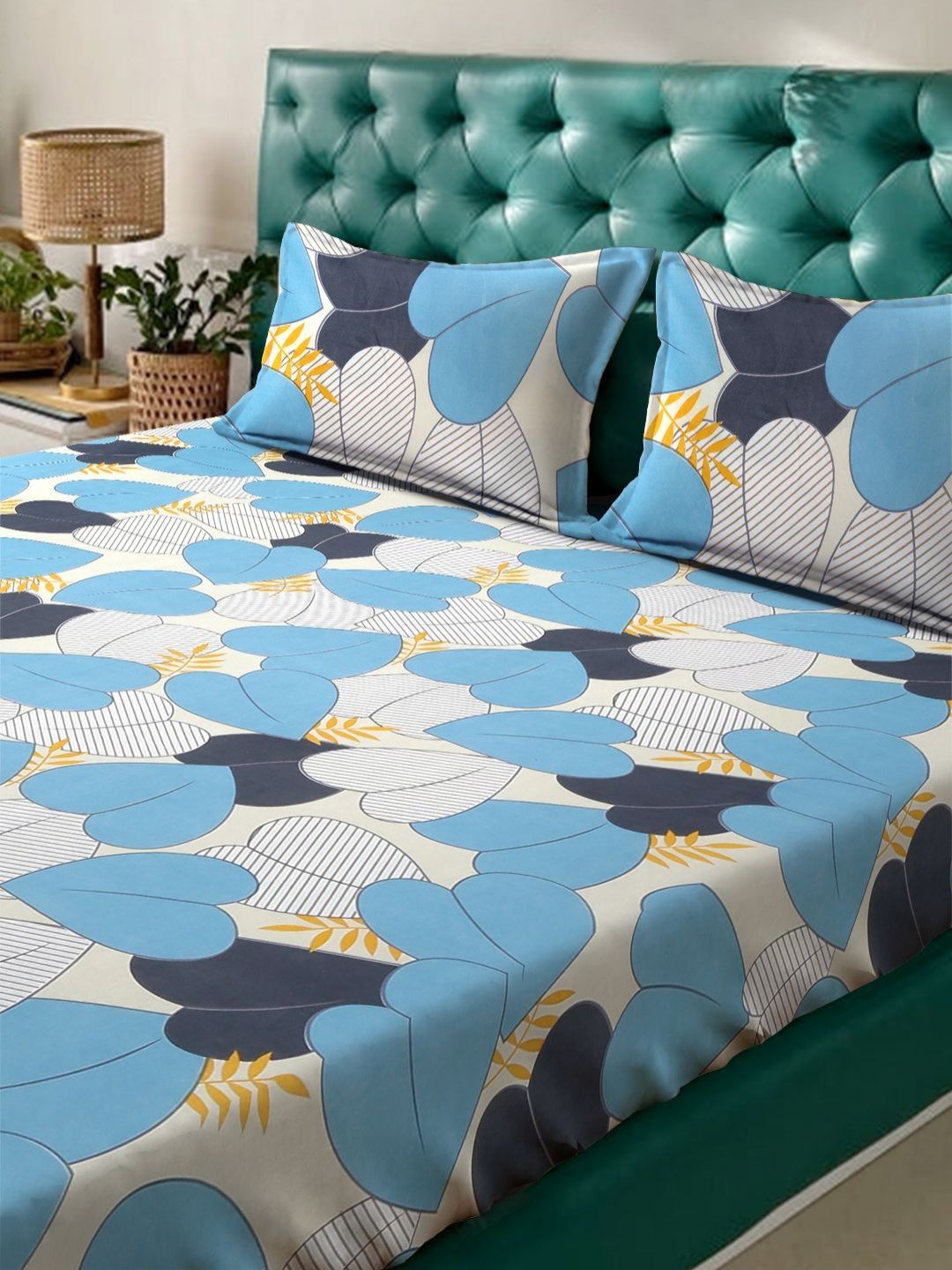 KLOTTHE Blue & White Floral Printed 300 TC Fitted King Bedsheet Set 2.50 m x 2.25 m-picture-20