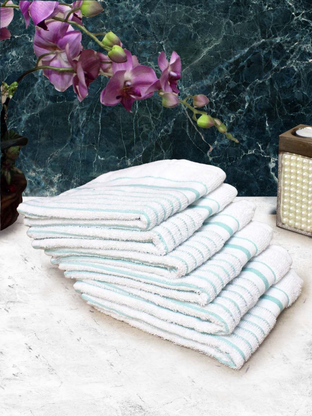 Aura Set of 6 White & Green Striped Pure Cotton 150 GSM Hand Towels-picture-21