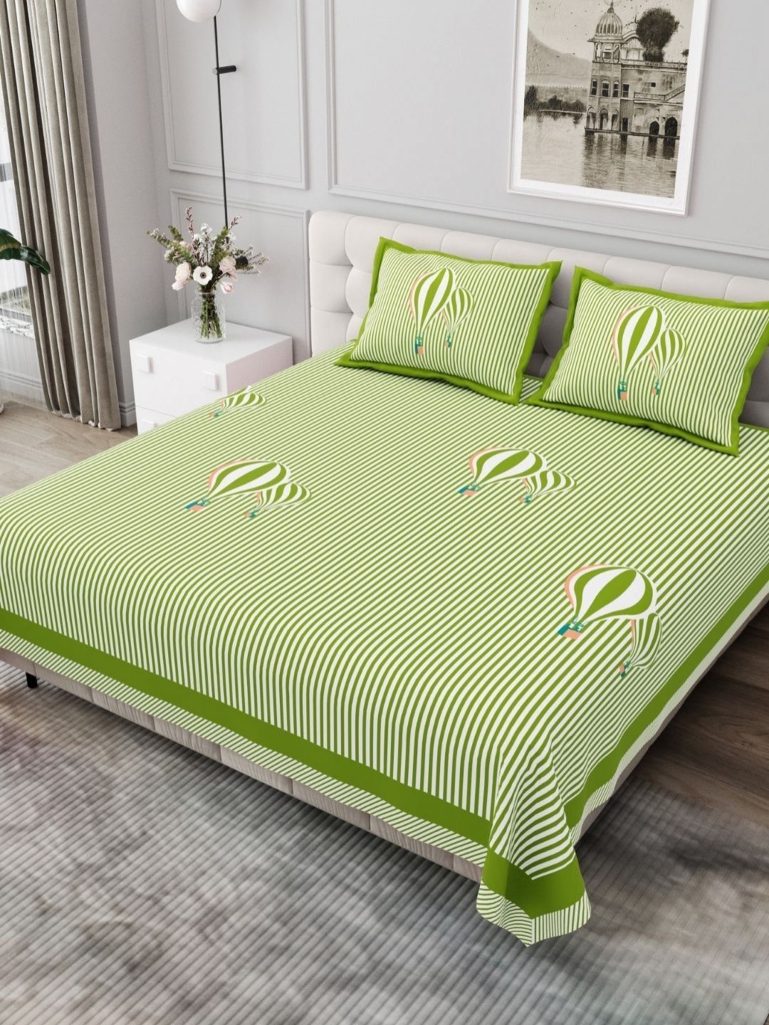 JAIPUR FABRIC Green & Cream Striped Cotton 254 TC King Bedsheet Set 2.74m x 2.28m-image-32