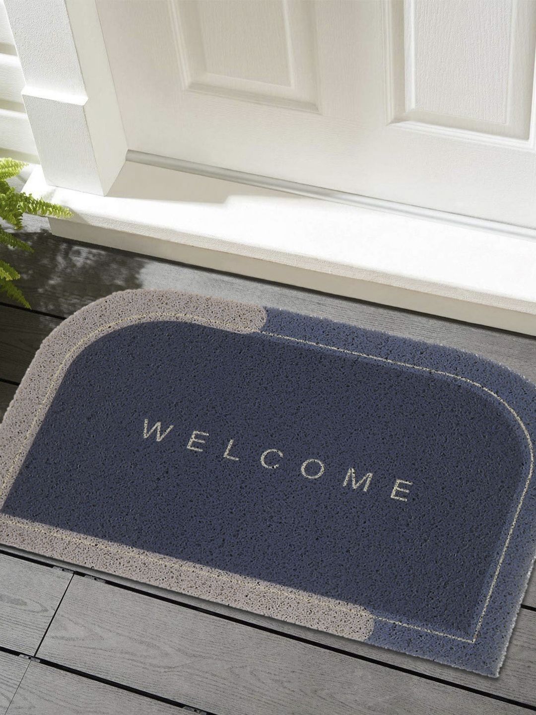 Status Blue & Beige Welcome Printed Anti Skid Noodle Doormat