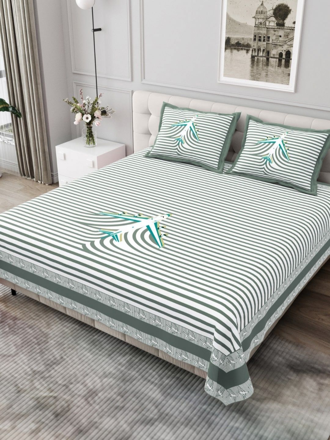 JAIPUR FABRIC Olive Green & White Pure Cotton Striped King Bedsheet with 2 Pillow Covers-picture-36