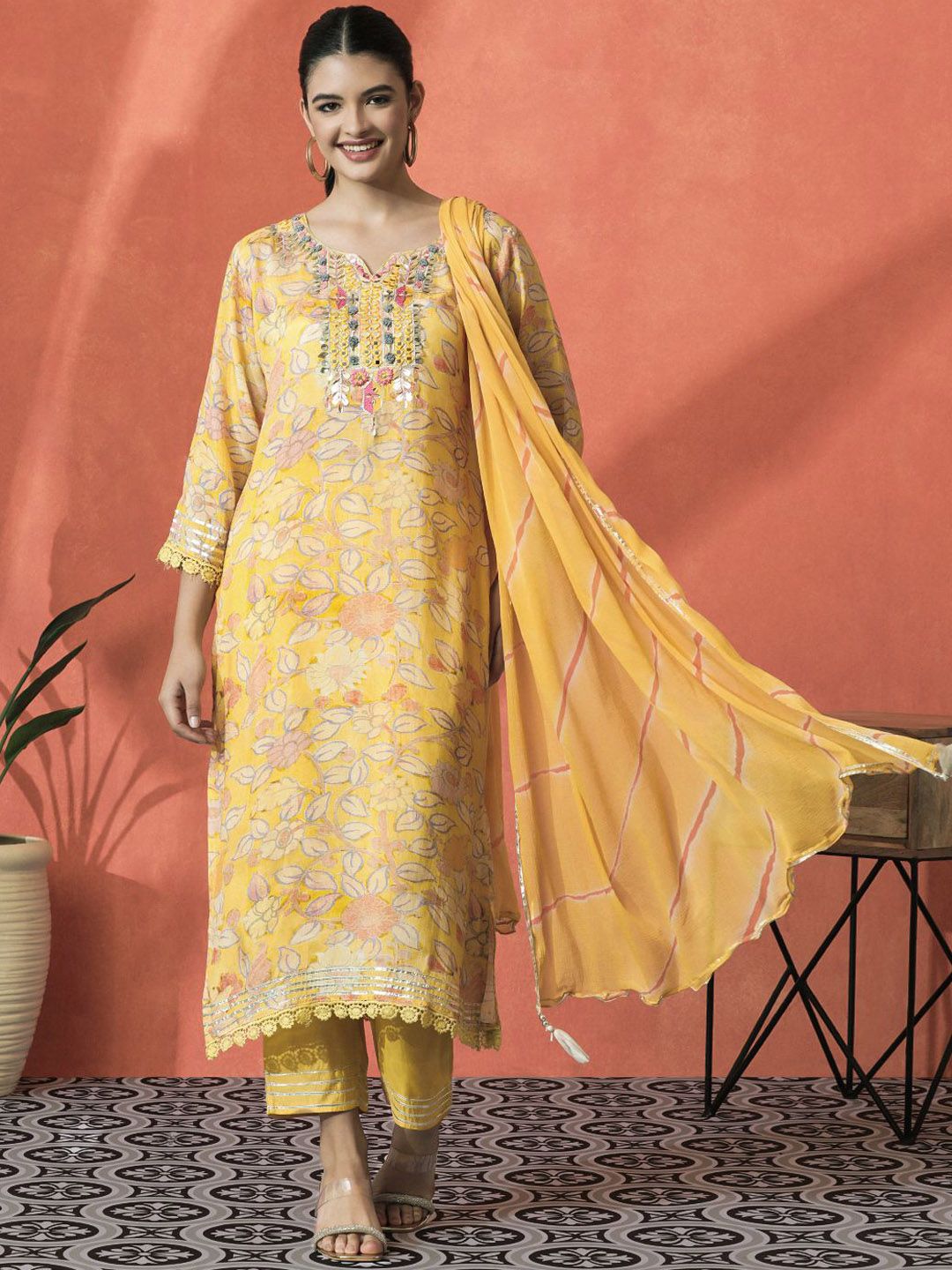 Sangria Floral Embroidered V-Neck Mirror Work Cotton Straight Kurta With Trouser & Dupatta