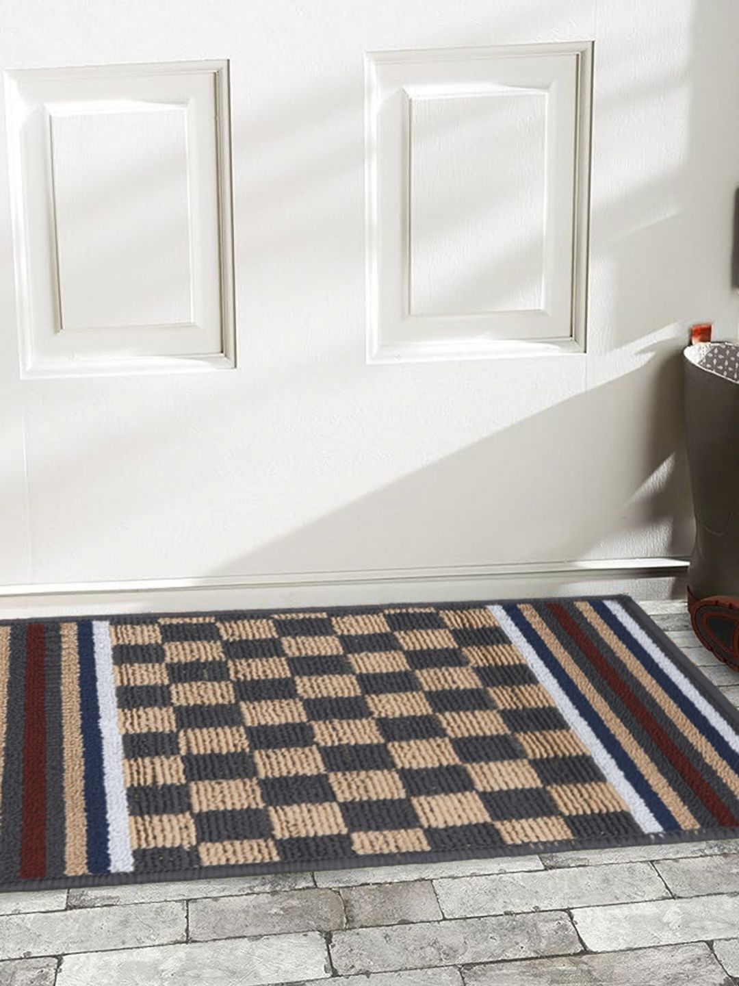 Status IRIS Grey & Beige Checked Rectangular Shaped Anti Slip Doormat-picture-12