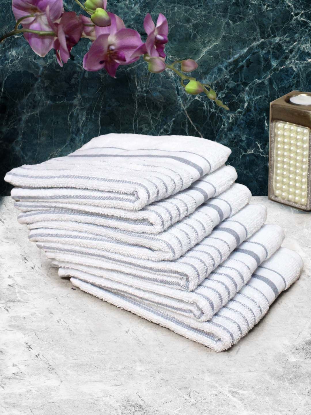 Aura Grey & White 6 Pieces Striped Pure Cotton Super Absorbent & Quick Dry Hand Towels-picture-14
