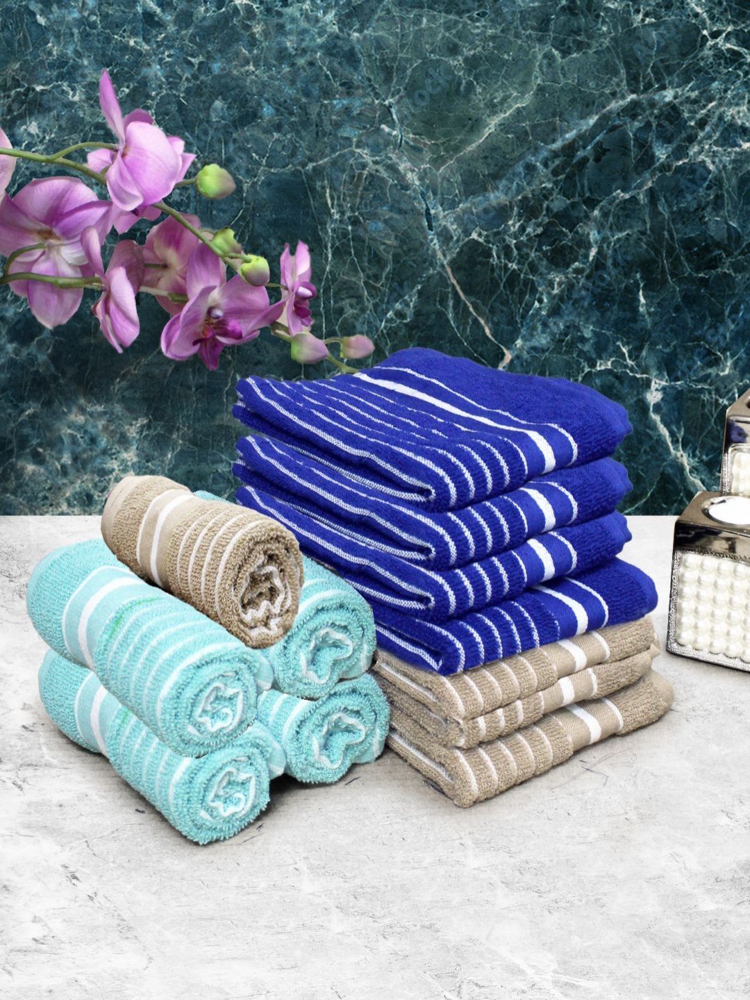 Aura Set of 12 Blue & Beige Striped Pure Cotton 150 GSM Hand Towels-image-25