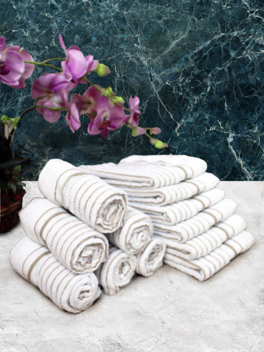 Aura 12-Pcs Brown & White Striped Pure Cotton Super Absorbent & Quick Dry Hand Towels-image-44