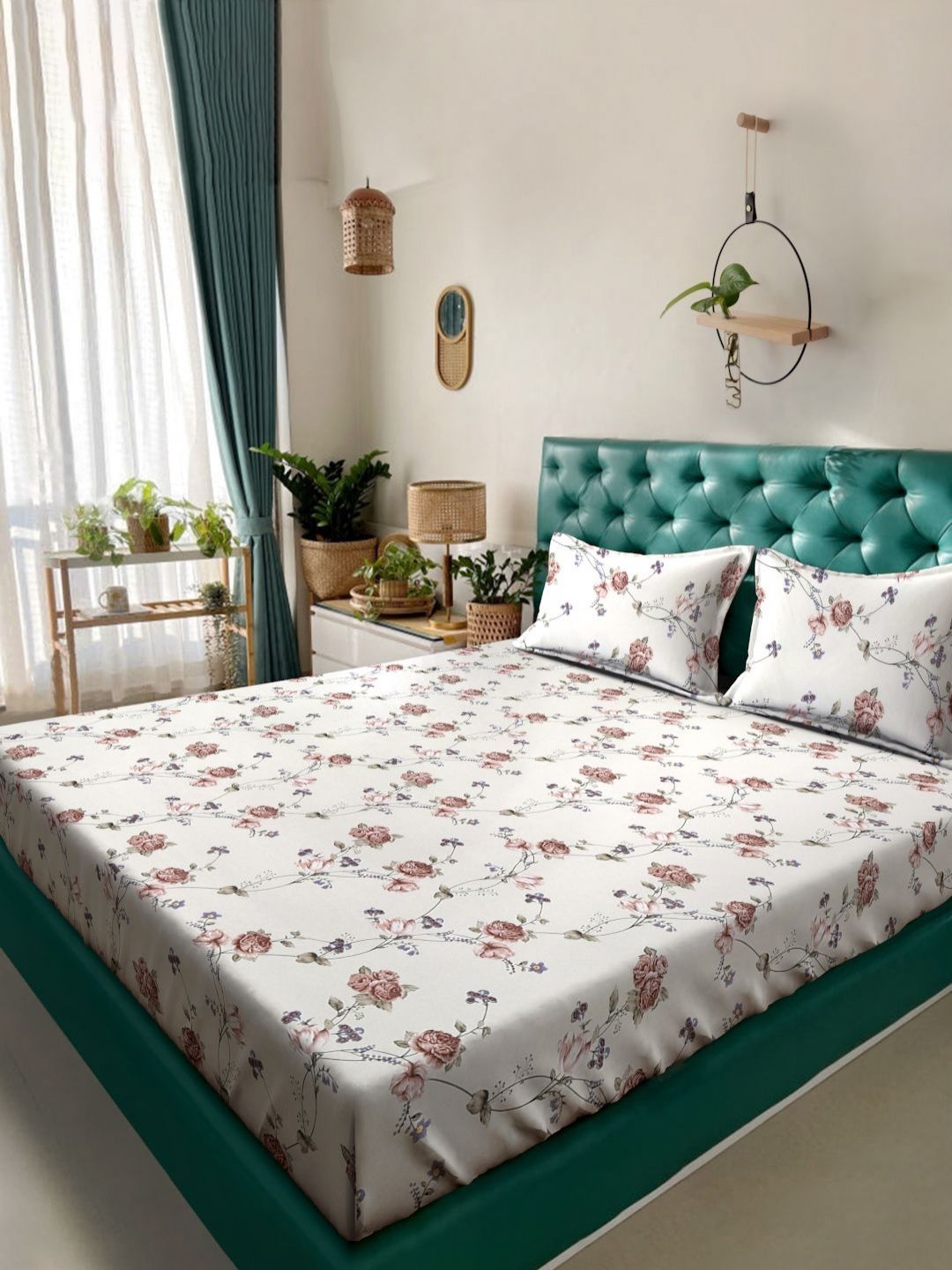 KLOTTHE Beige And Brown Floral Printed 300 TC Cotton King Bedsheet Set 2.74 m x 2.74 m-picture-23