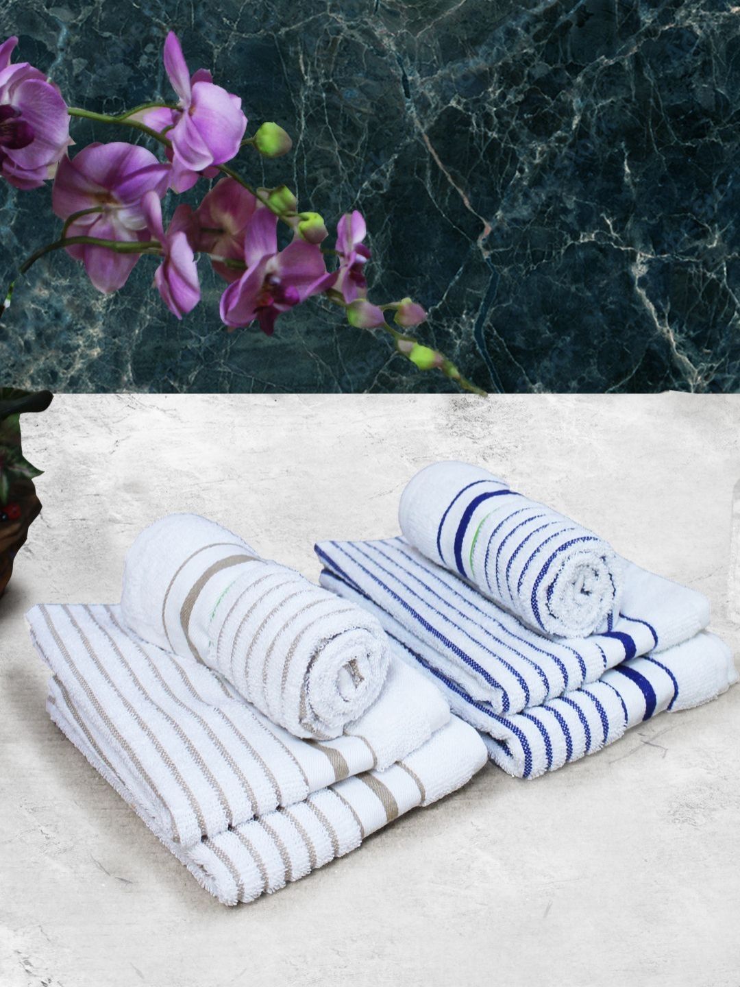 Aura 6-Pcs Blue & White Striped Pure Cotton Super Absorbent & Quick Dry Hand Towels-picture-58