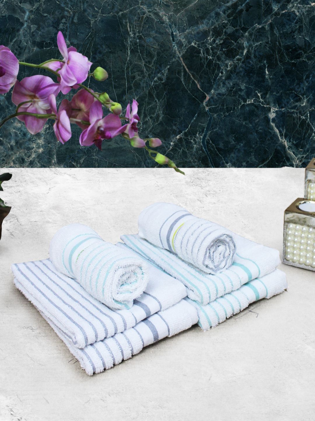 Aura Set of 6 White & Blue Striped Pure Cotton 150 GSM Hand Towels-picture-20