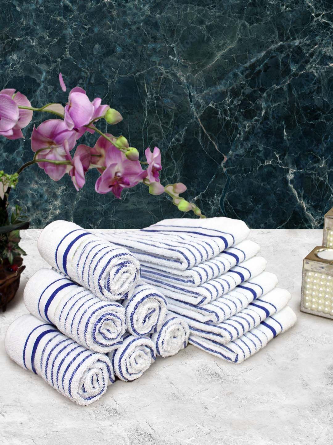 Aura Set of 12 White & Blue Striped Pure Cotton 150 GSM Hand Towels-image-44