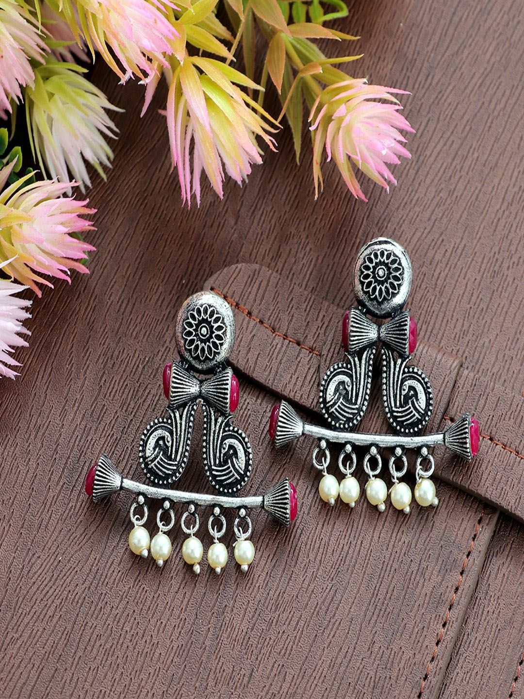 Sangria Silver Plated Peacock Shaped Oxidised Drop Earrings-picture-19