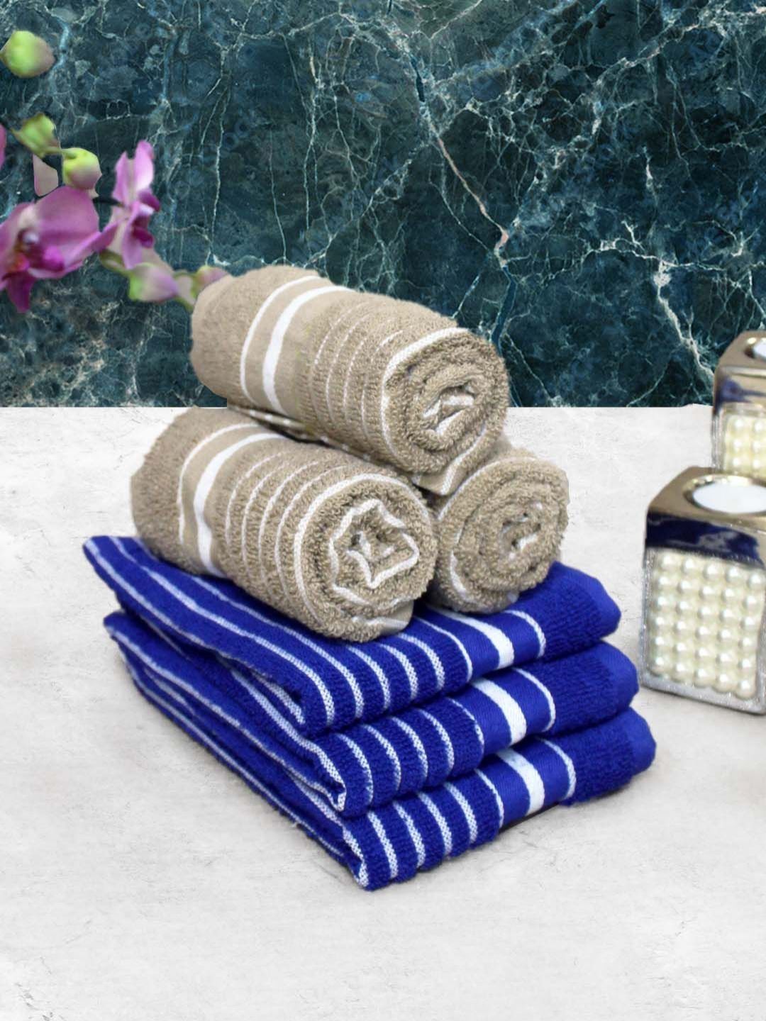Aura Set of 6 Beige & Blue Striped Pure Cotton 150 GSM Hand Towels-picture-22