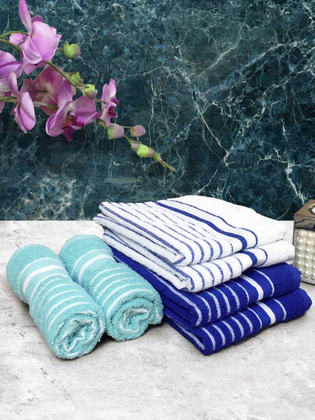 Aura 6-Pcs Blue & White Striped Pure Cotton Super Absorbent & Quick Dry Hand Towels-picture-16