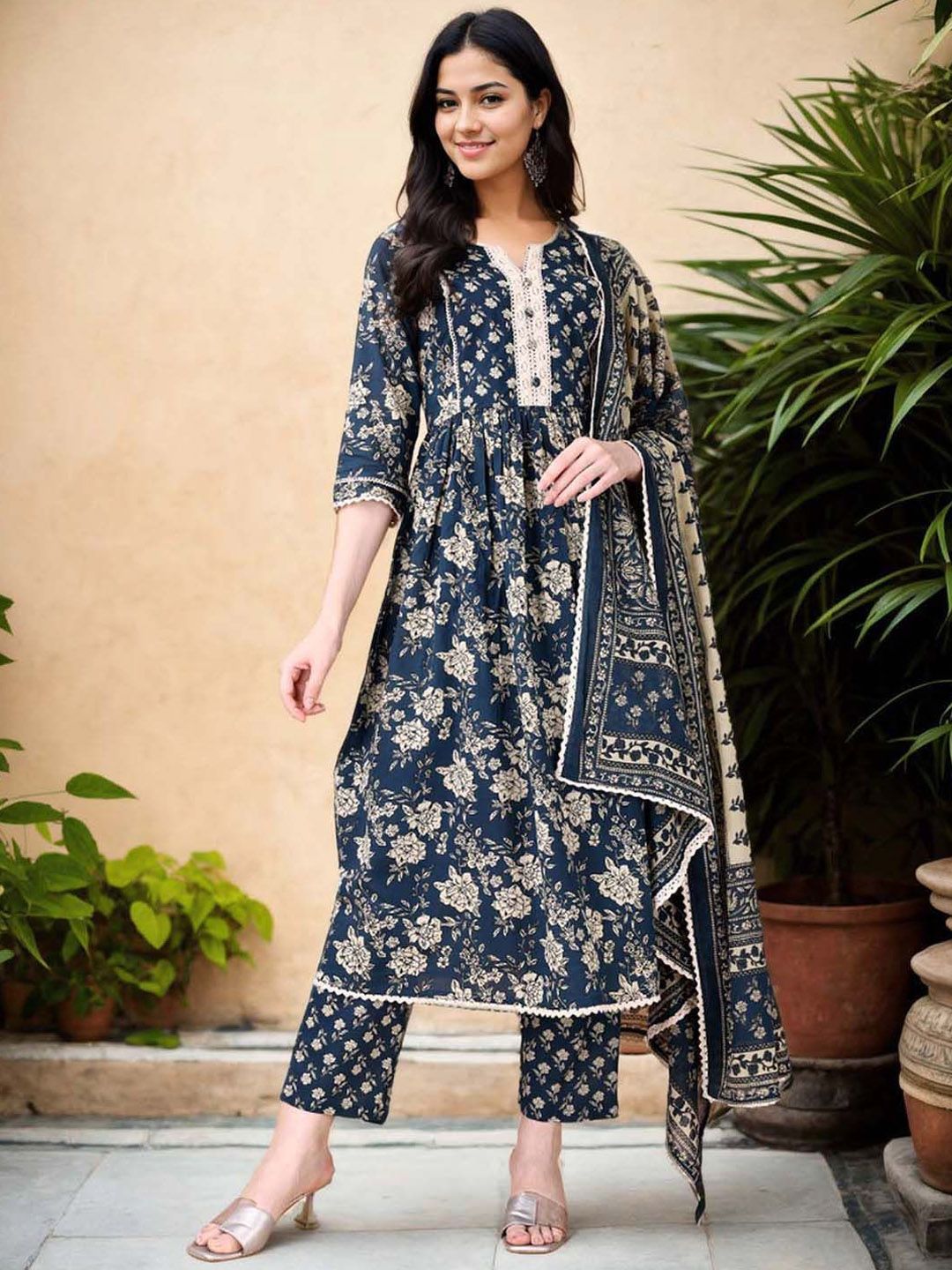 Anouk Floral Printed Pleated Notch Neck Pure Cotton Anarkali Kurta With Trousers & Dupatta