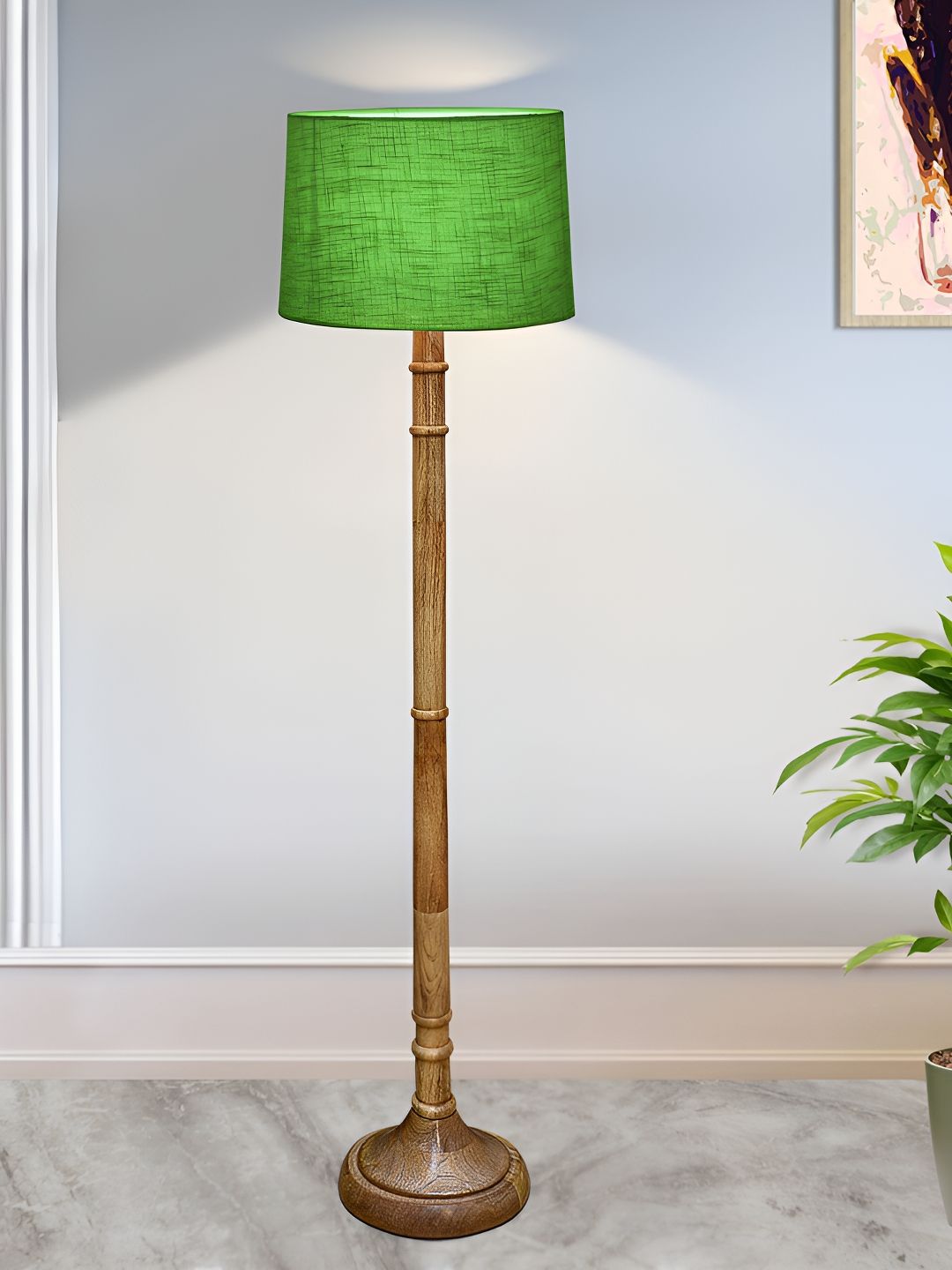 Homesake Green & Brown Wooden Floor Lamp With Shade-image-1