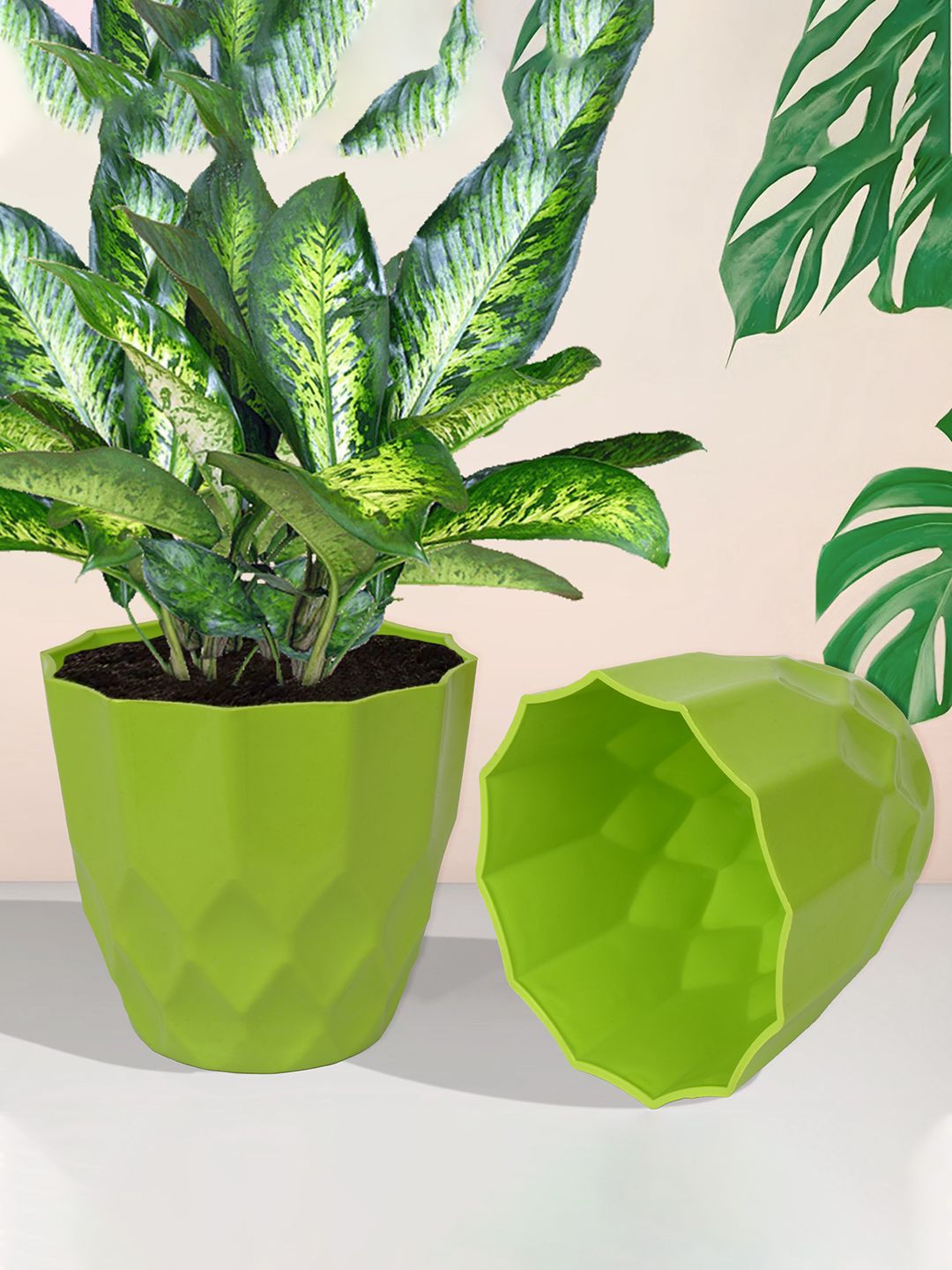 Kuber Industries Green & Red 2 Pieces Textured Flower Pots Planters-picture-37