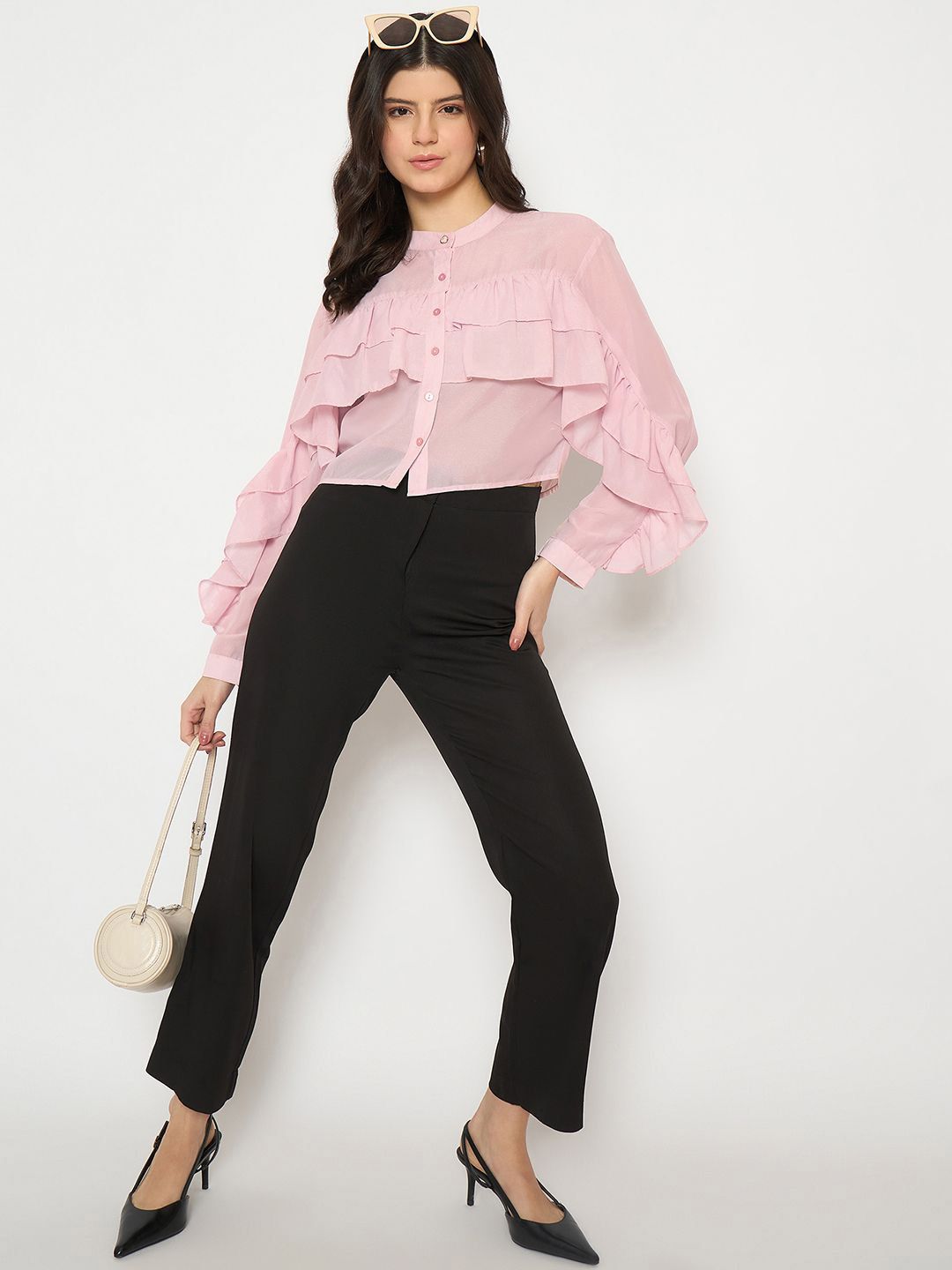 Striped Mandarin Collar Shirt Style Polyester Top main image 1