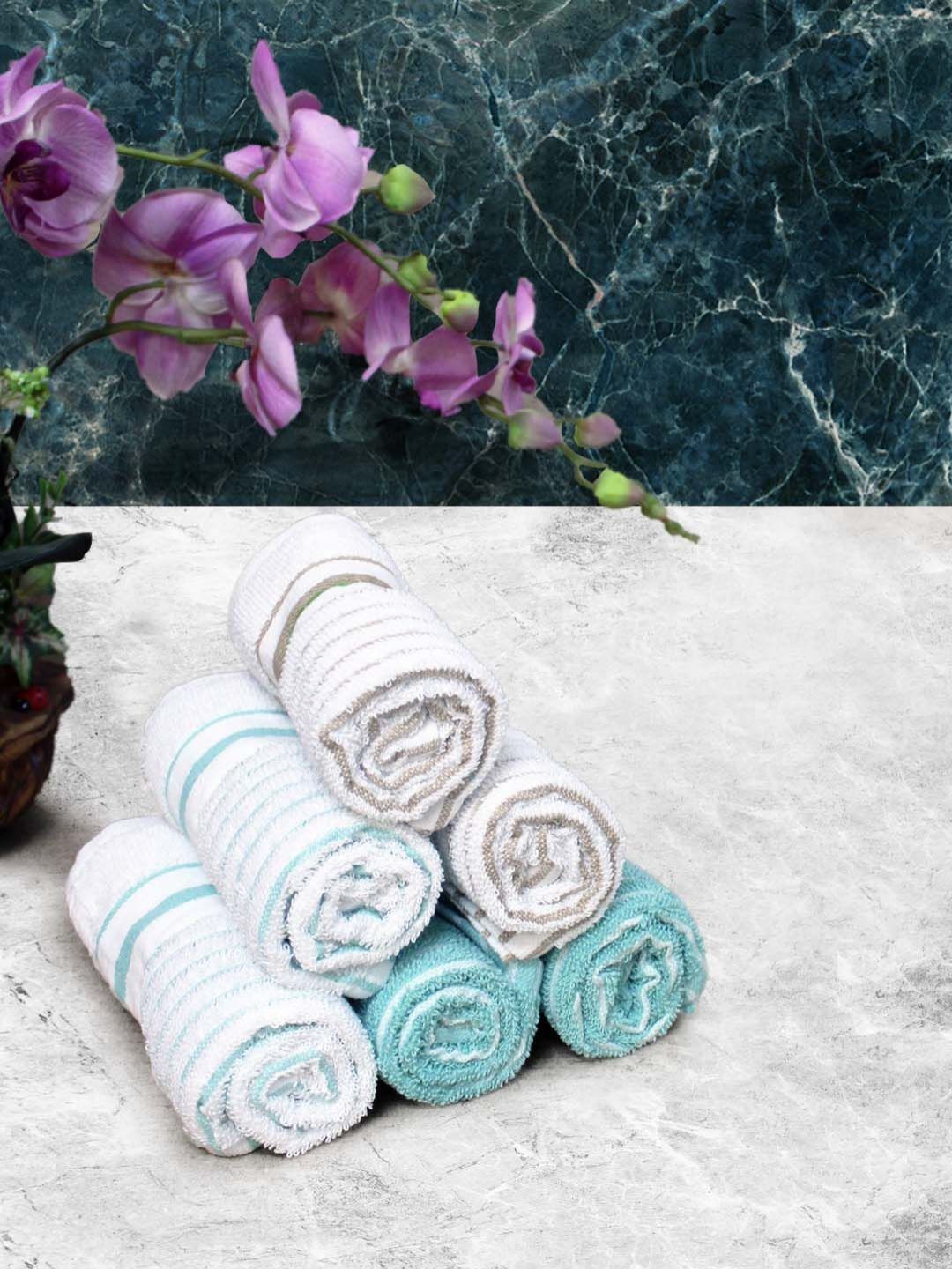Aura 6-Pcs Blue & White Striped Pure Cotton Super Absorbent & Quick Dry Hand Towels-picture-52