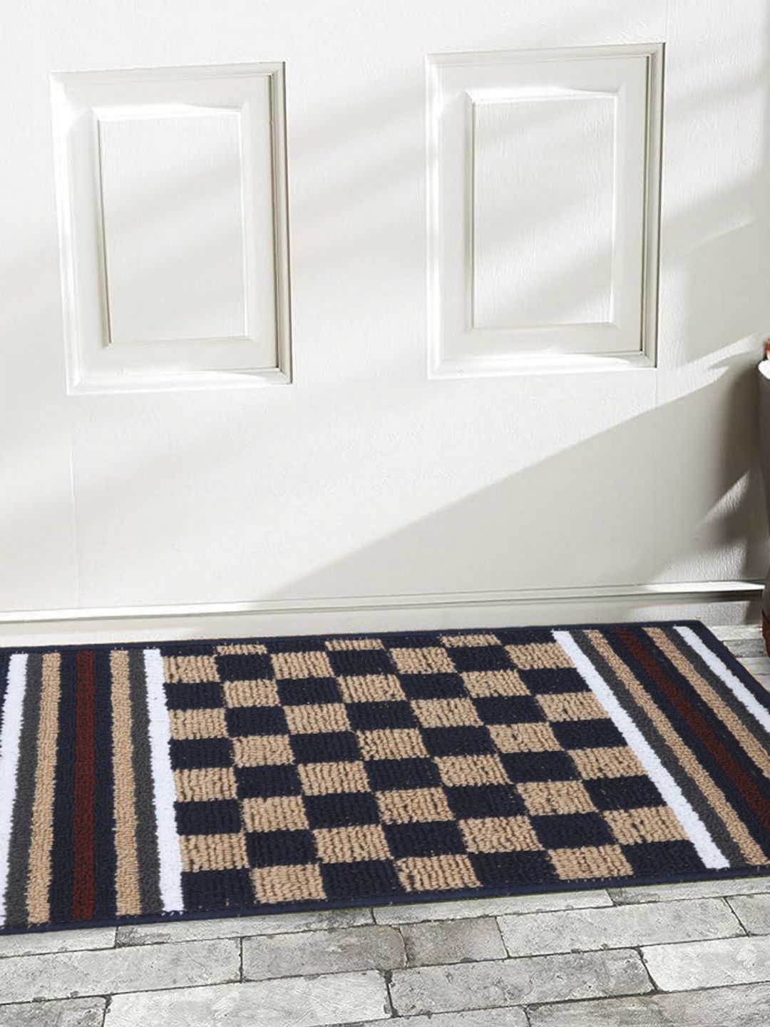 Status IRIS Blue & Beige Checked Rectangular Shaped Anti Slip Doormat-picture-33