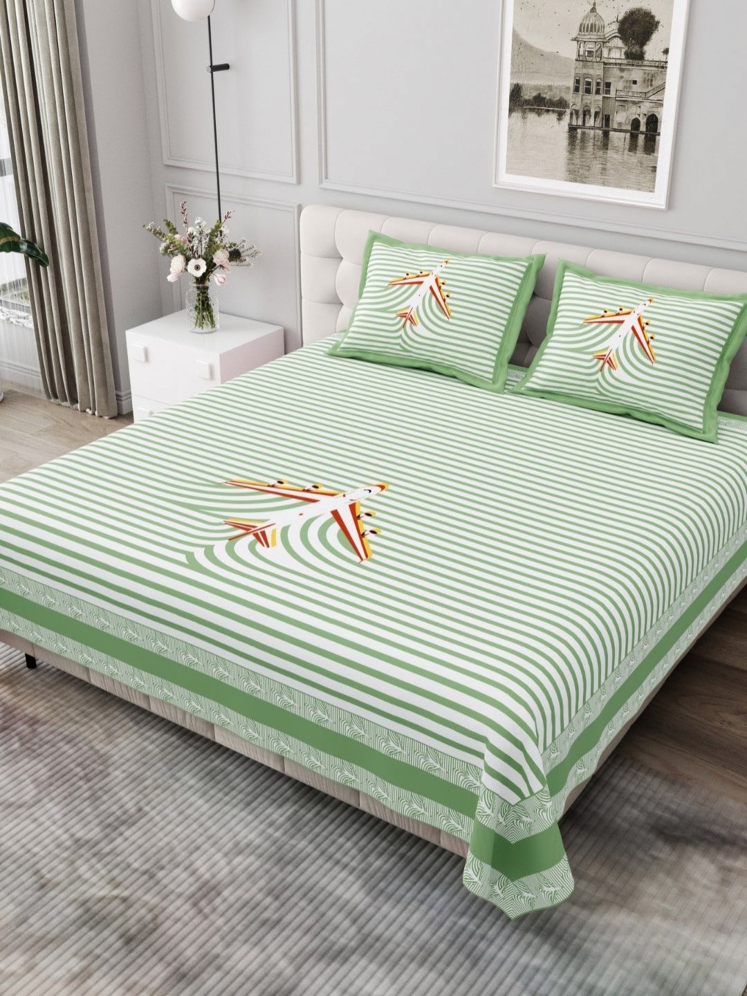 JAIPUR FABRIC Green & White Striped Cotton 254 TC King Bedsheet Set 2.74m x 2.28m-picture-35