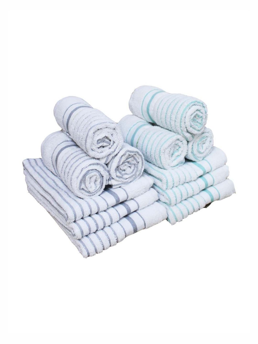 Aura Blue & White 12 Pieces Striped Pure Cotton Super Absorbent & Quick Dry Hand Towels-picture-26