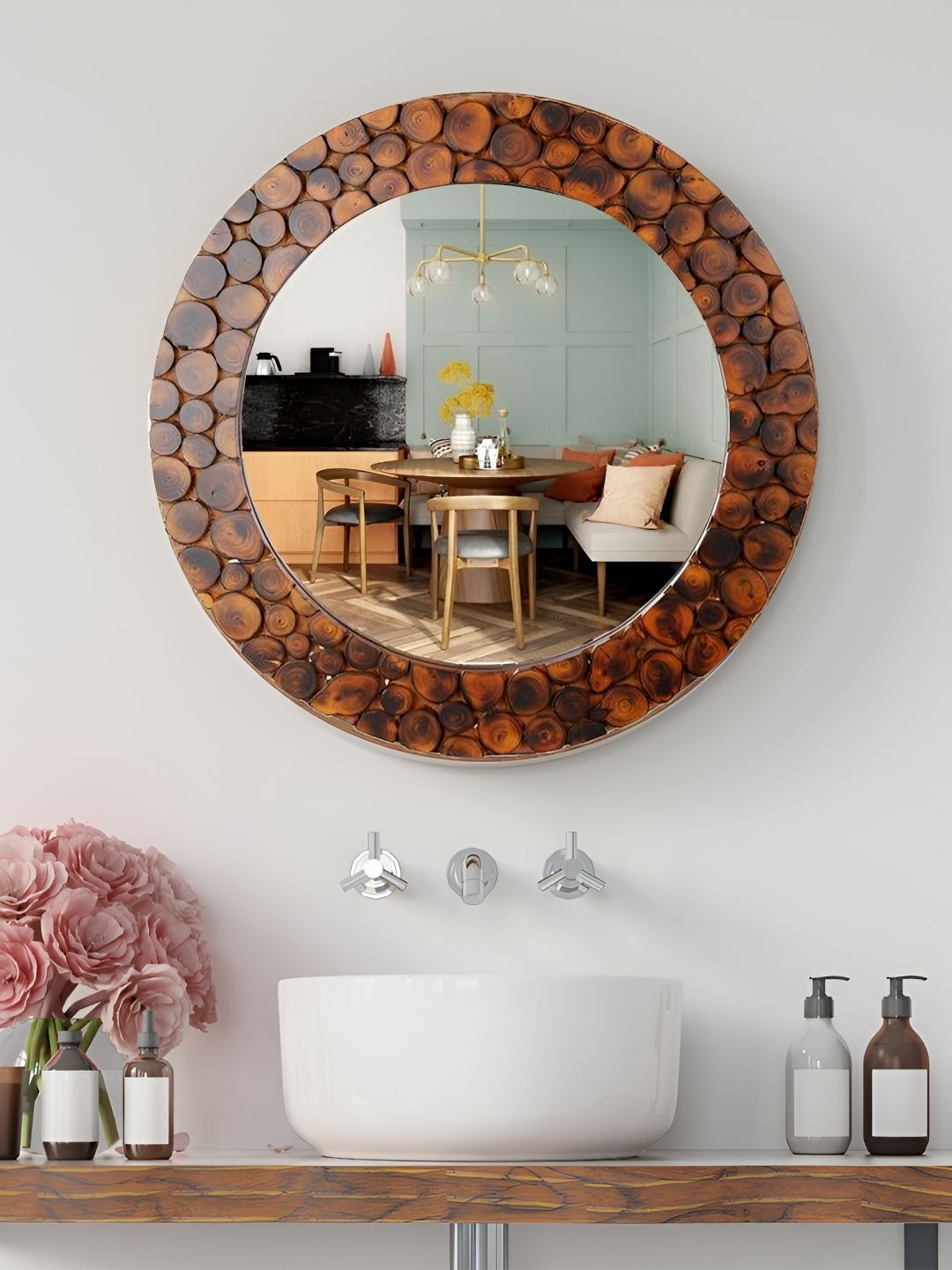 Creation India Craft Transparent & Brown Beaded Wooden Round Wall Mirror-picture-19