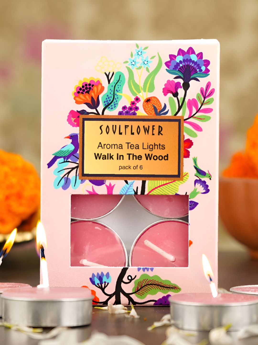 Soulflower Pink and Silver-Toned 6 Pieces Walk In the Wood Aroma Tea Light Candles-image-45