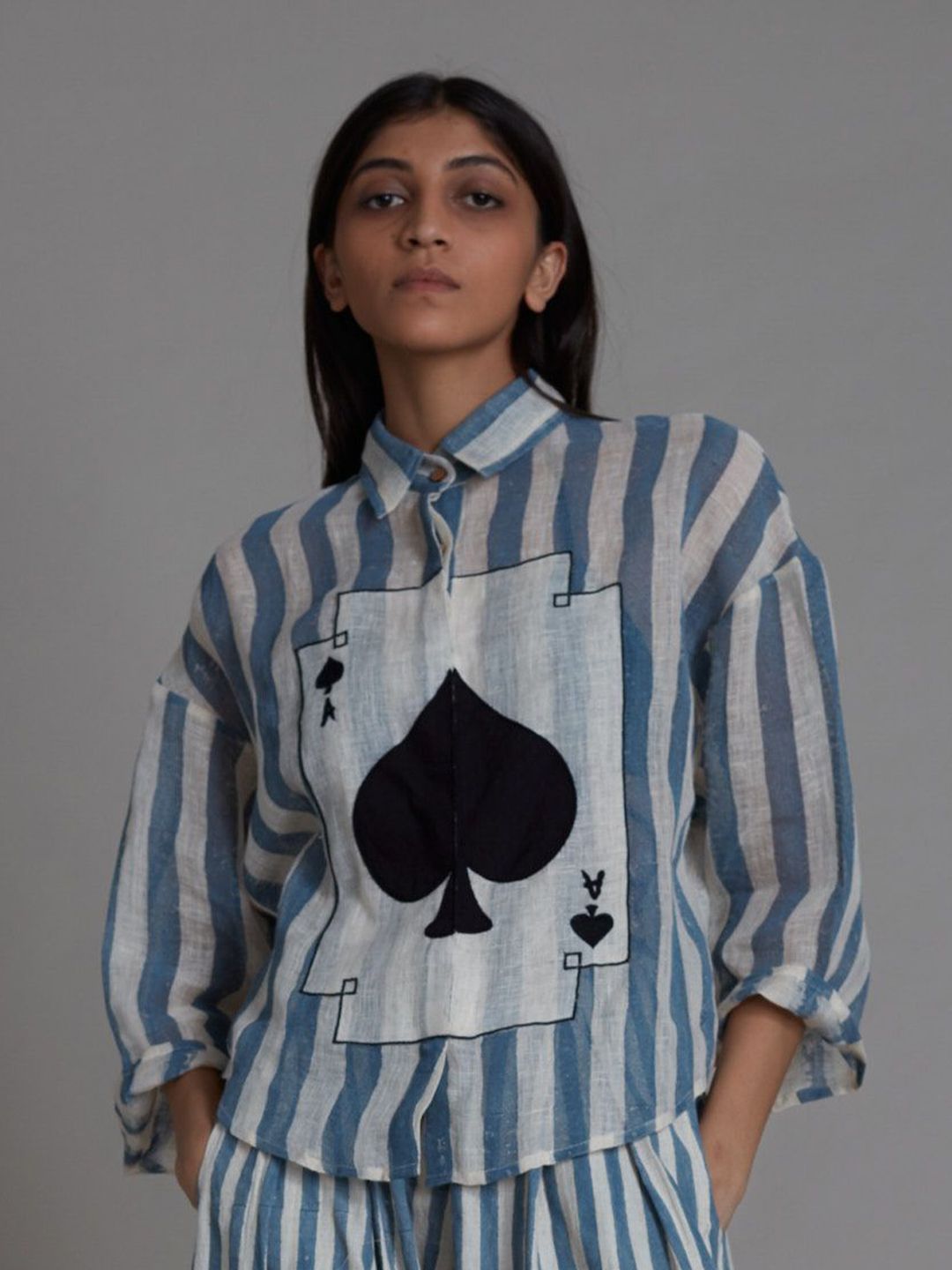 MATI Striped Tie-Up Neck Bell Sleeve Linen Top-picture-44