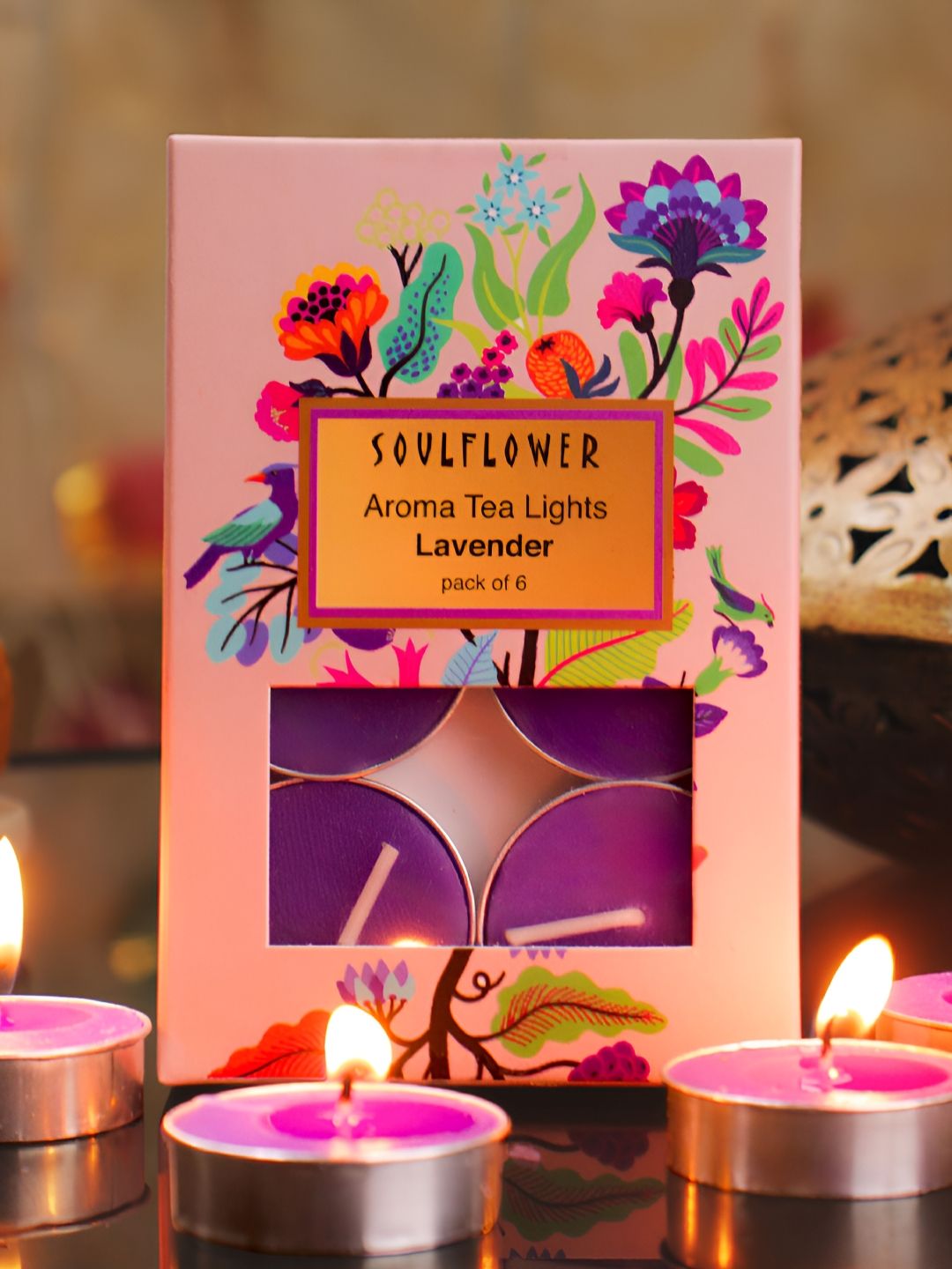 Soulflower Pink and Silver-Toned 6 Pieces Lavender Aroma Tea Light Candles-picture-31