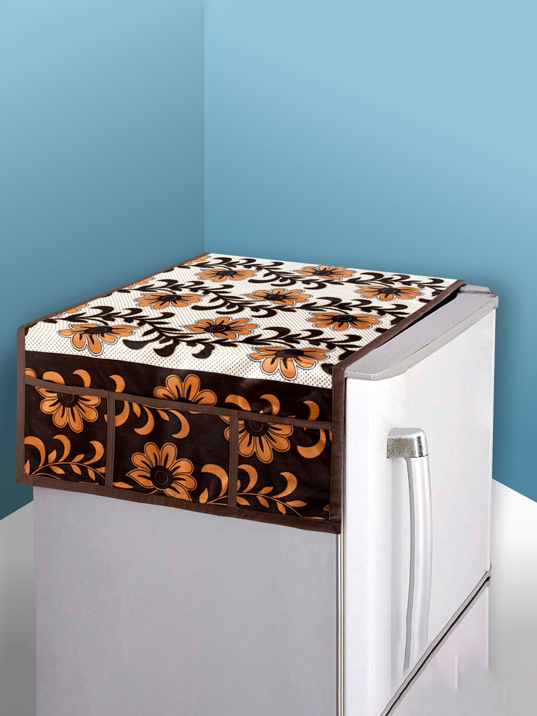 Kuber Industries Brown Flower Printed Cotton Fridge Cover With 6 Pockets Appliance Cover-image-17