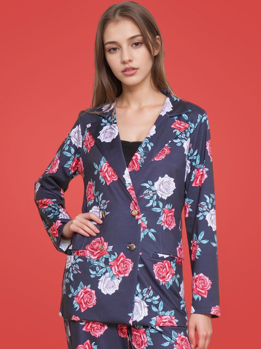 KATLINE Floral Printed Notched Lapel Blazer-image-12